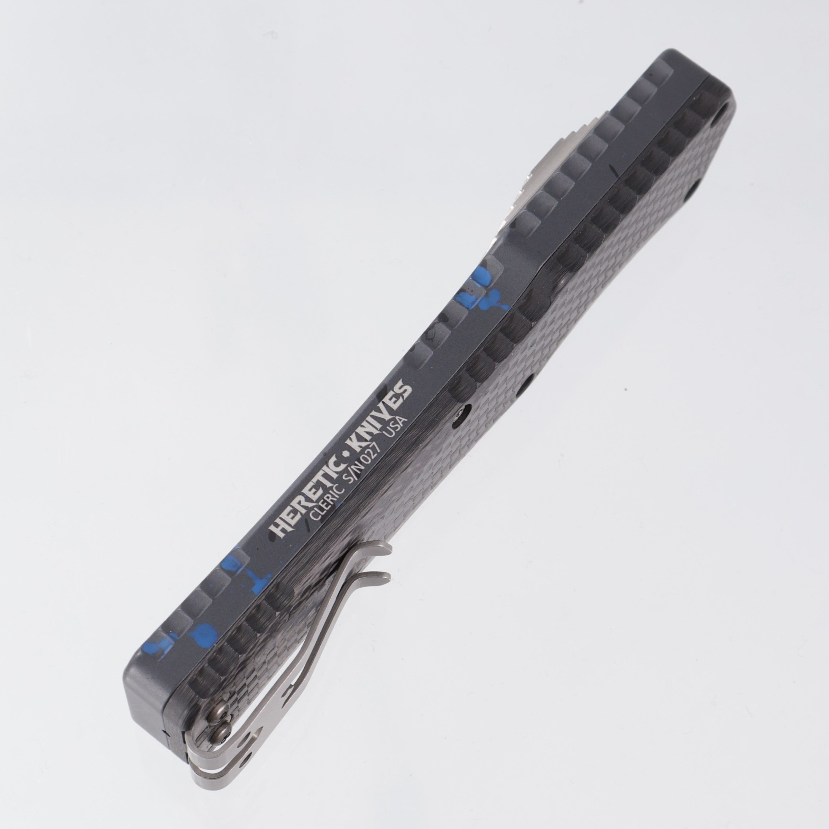 Heretic Cleric Tanto - Gray w/ Blue & Black Splash Pattern Aluminum - Stonewash 154CM - H015-2A-BS *PRE-OWNED*