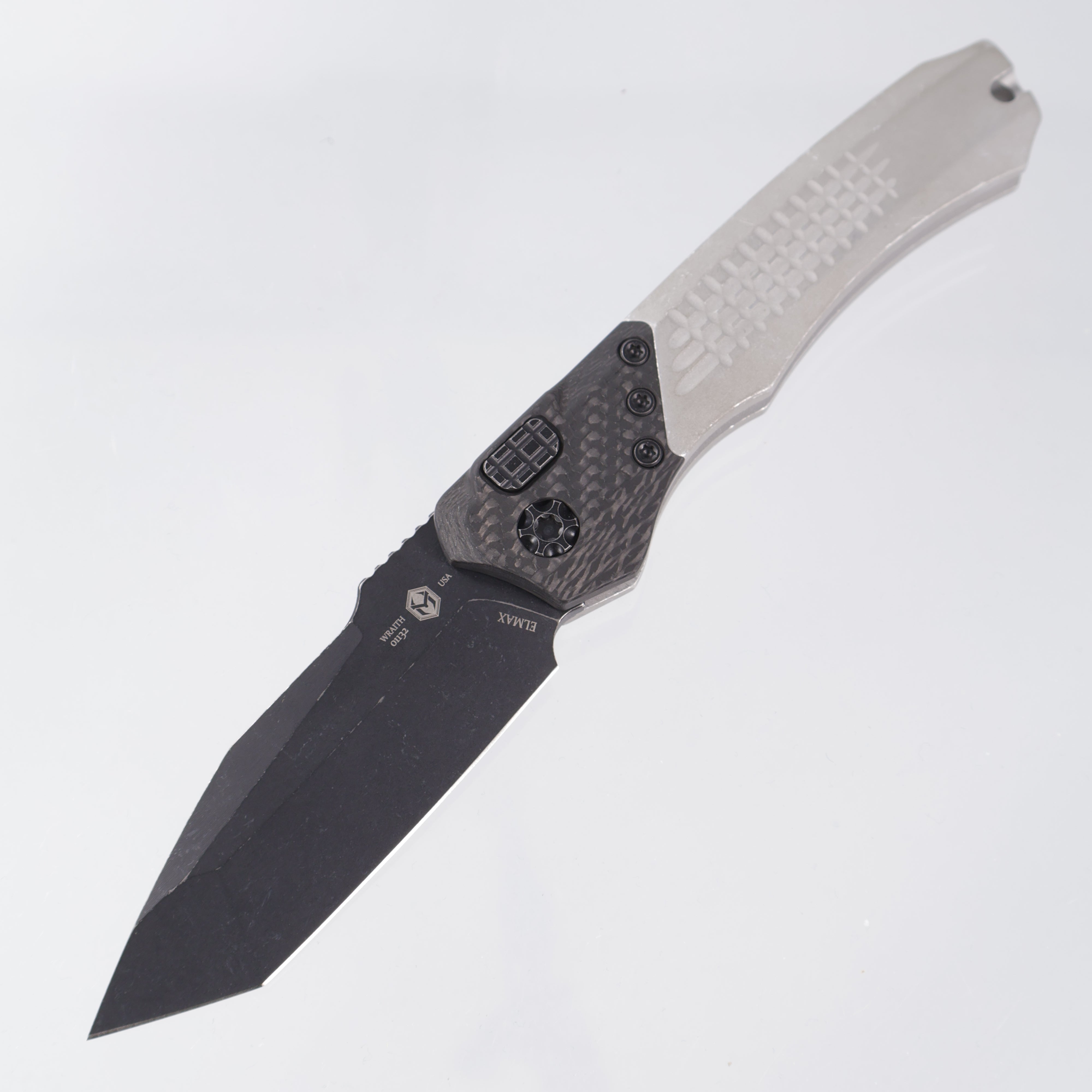 Heretic Wraith V2 Auto Tanto - Blizzardworn Aluminum w/ Carbon Fiber Bolster - Battle Black Elmax - H100-8A-BLIZZARD *PRE-OWNED*