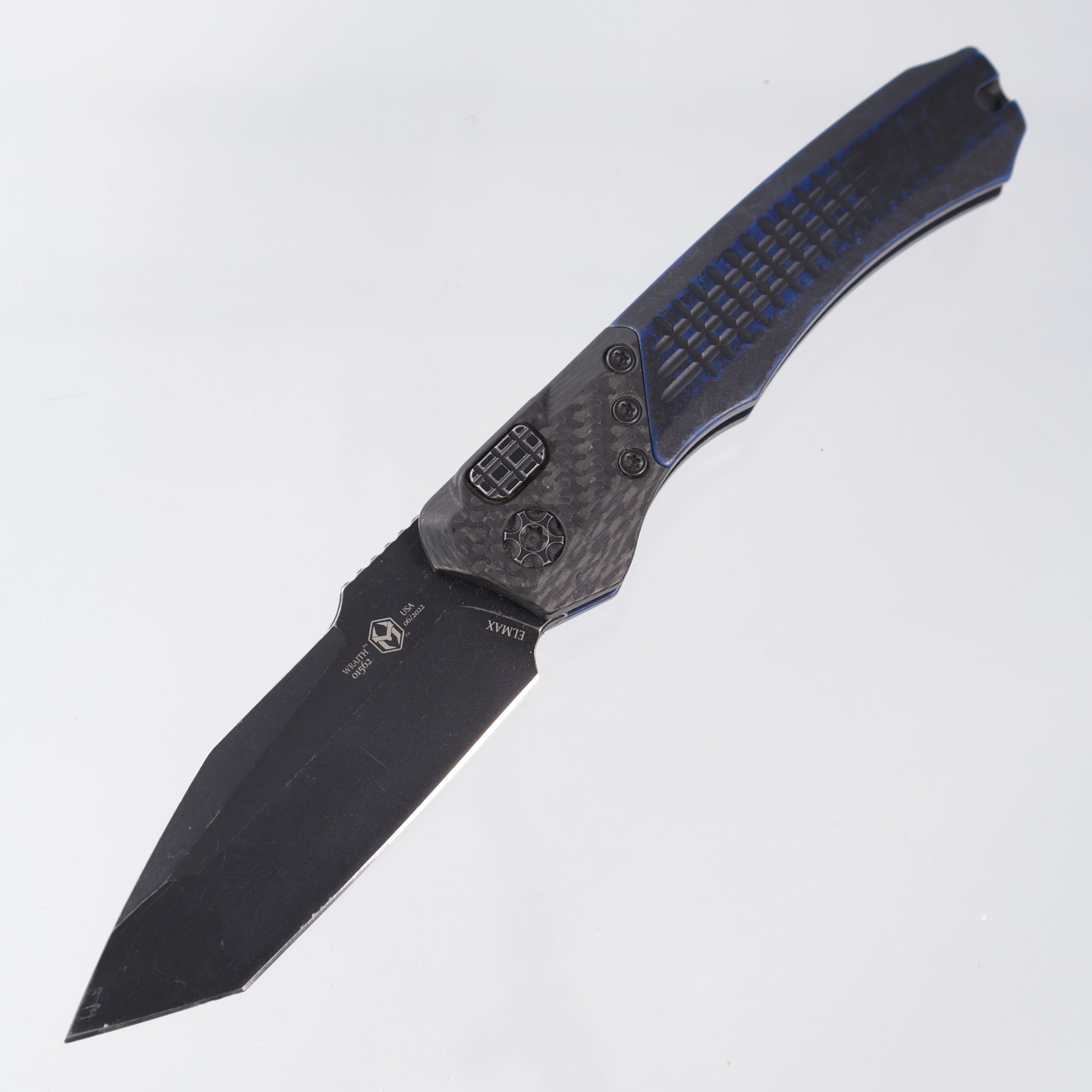 Heretic Wraith V2 Auto Tanto - Breakthrough Blue Aluminum w/ Carbon Fiber Bolster - Battle Black Elmax - H100-8A-BRKBLU *PRE-OWNED*