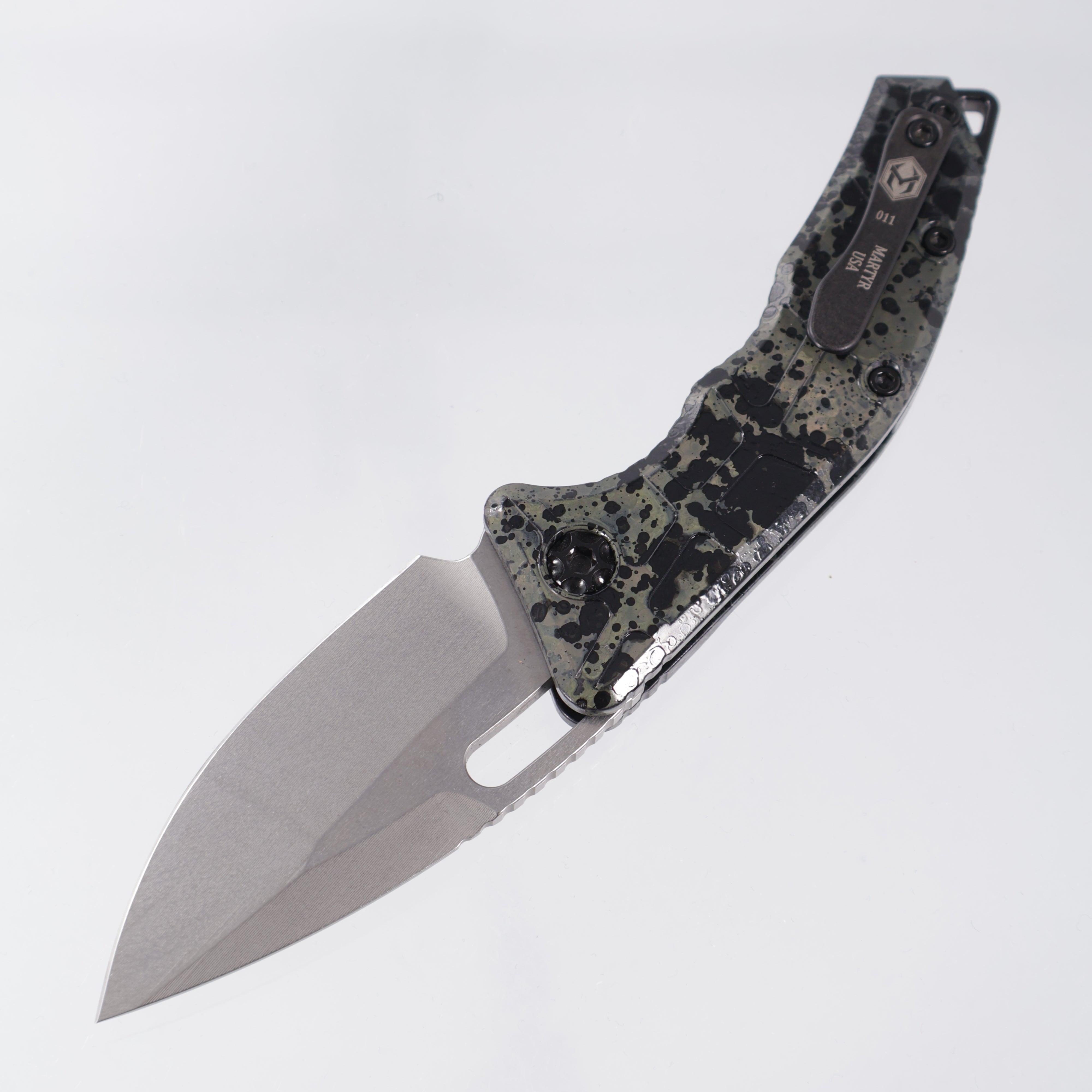 Heretic Martyr Auto Drop Point - Splash Camo Aluminum - Stonewash 154CM S/N: 011 *PRE-OWNED*