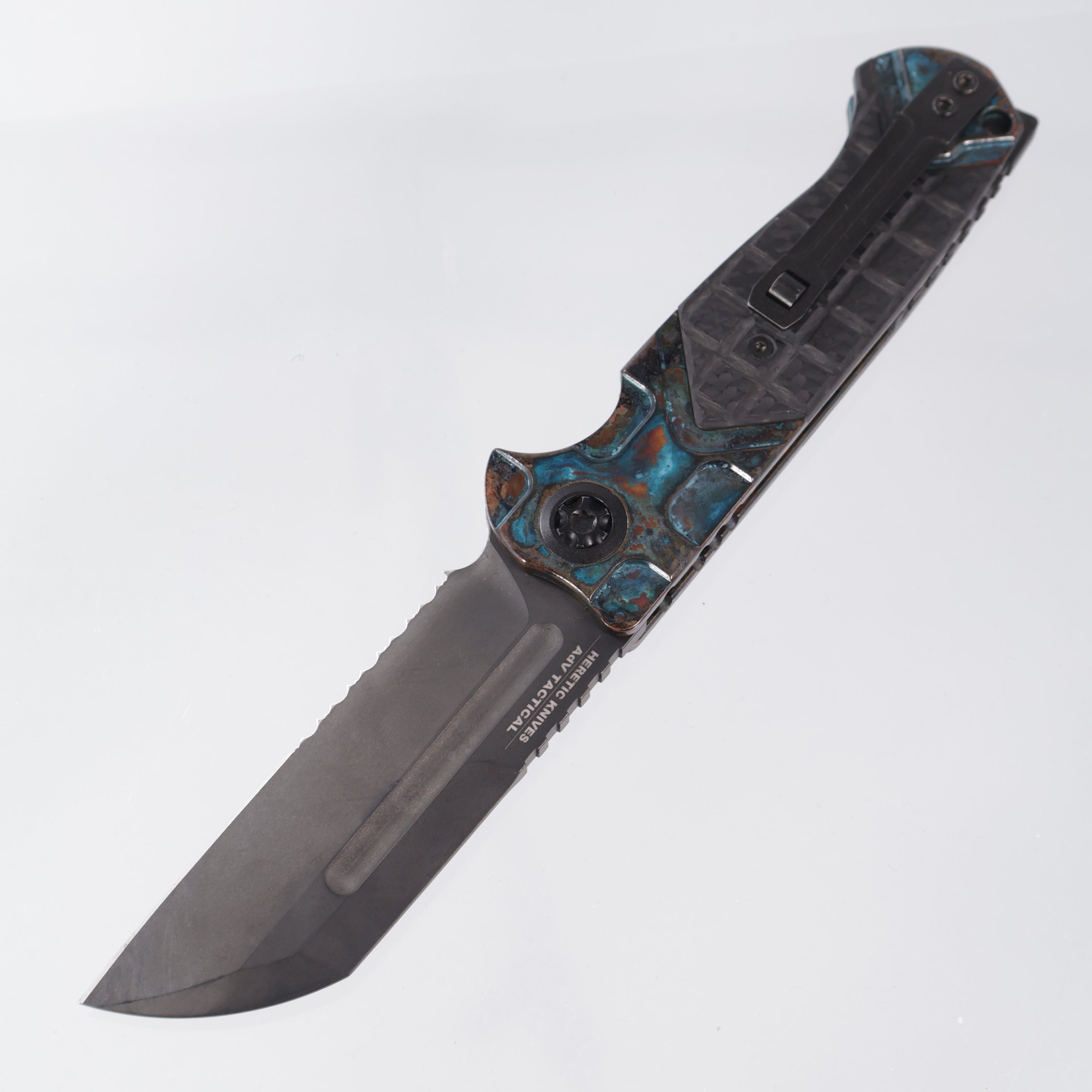 Heretic ADV Butcher Auto - Copper Scales w/ Carbon Fiber Overlays *Aftermarket Shipwreck* - DLC Partial Serrate S35VN - H034-6B-COPPER *PRE-OWNED*