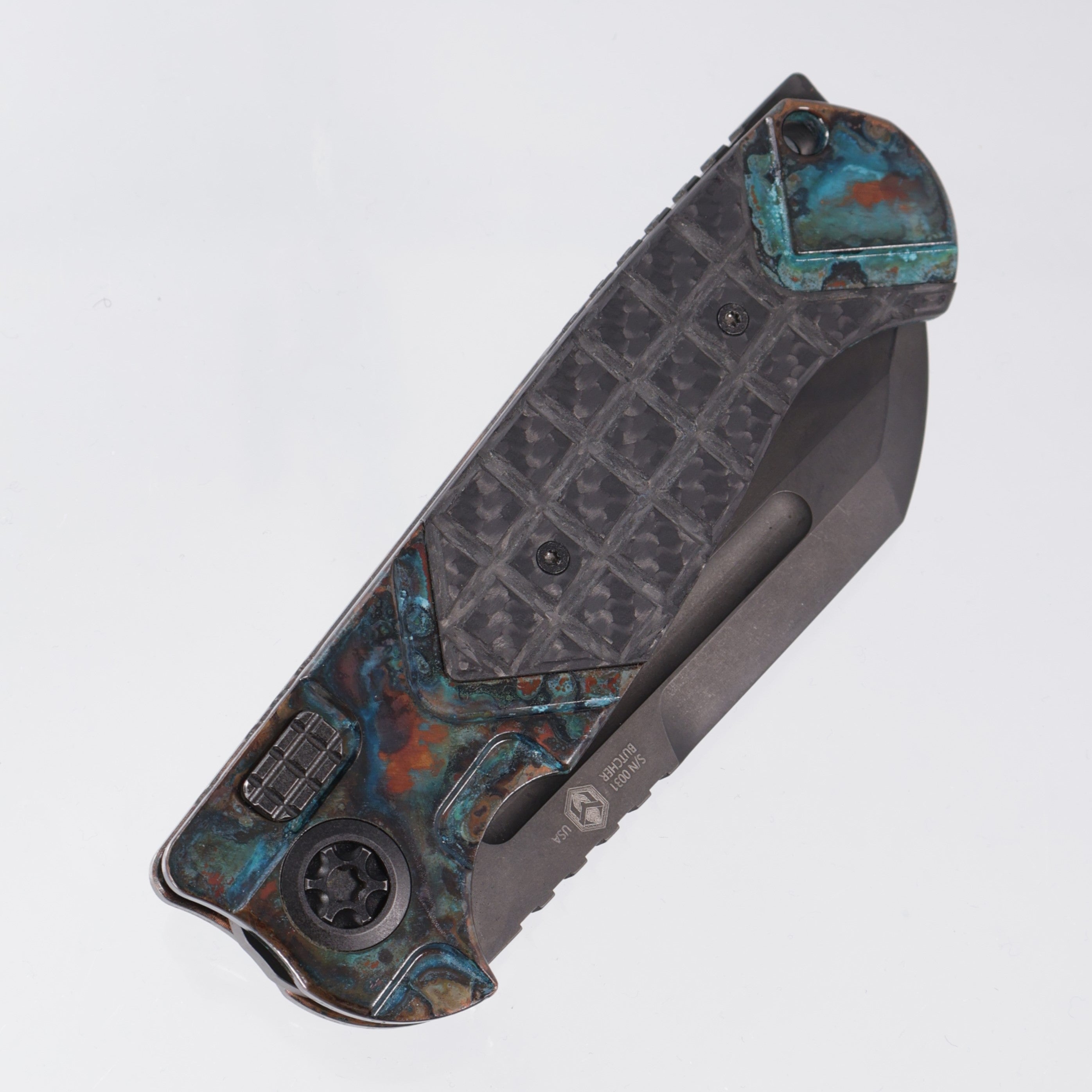 Heretic ADV Butcher Auto - Copper Scales w/ Carbon Fiber Overlays *Aftermarket Shipwreck* - DLC Partial Serrate S35VN - H034-6B-COPPER *PRE-OWNED*