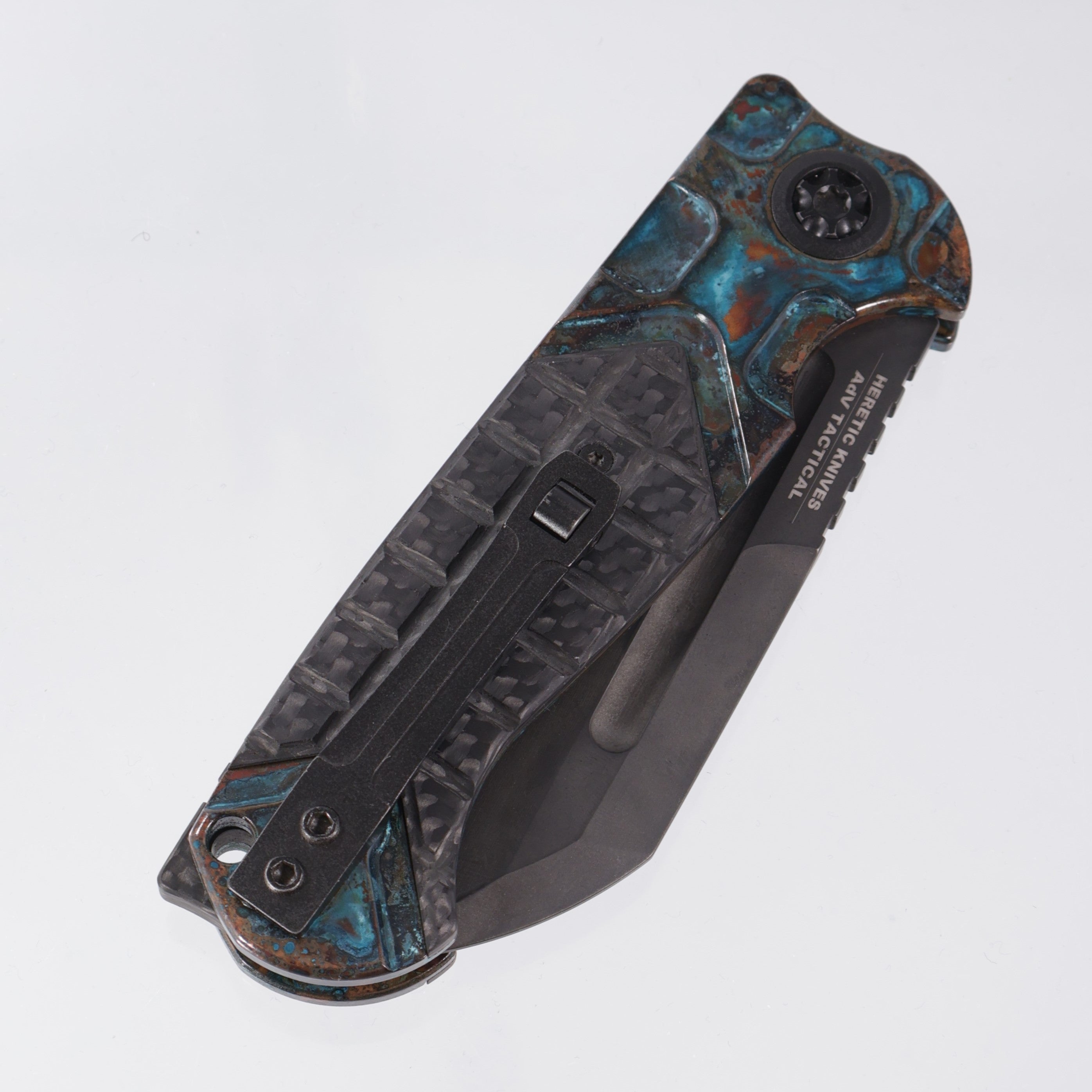 Heretic ADV Butcher Auto - Copper Scales w/ Carbon Fiber Overlays *Aftermarket Shipwreck* - DLC Partial Serrate S35VN - H034-6B-COPPER *PRE-OWNED*
