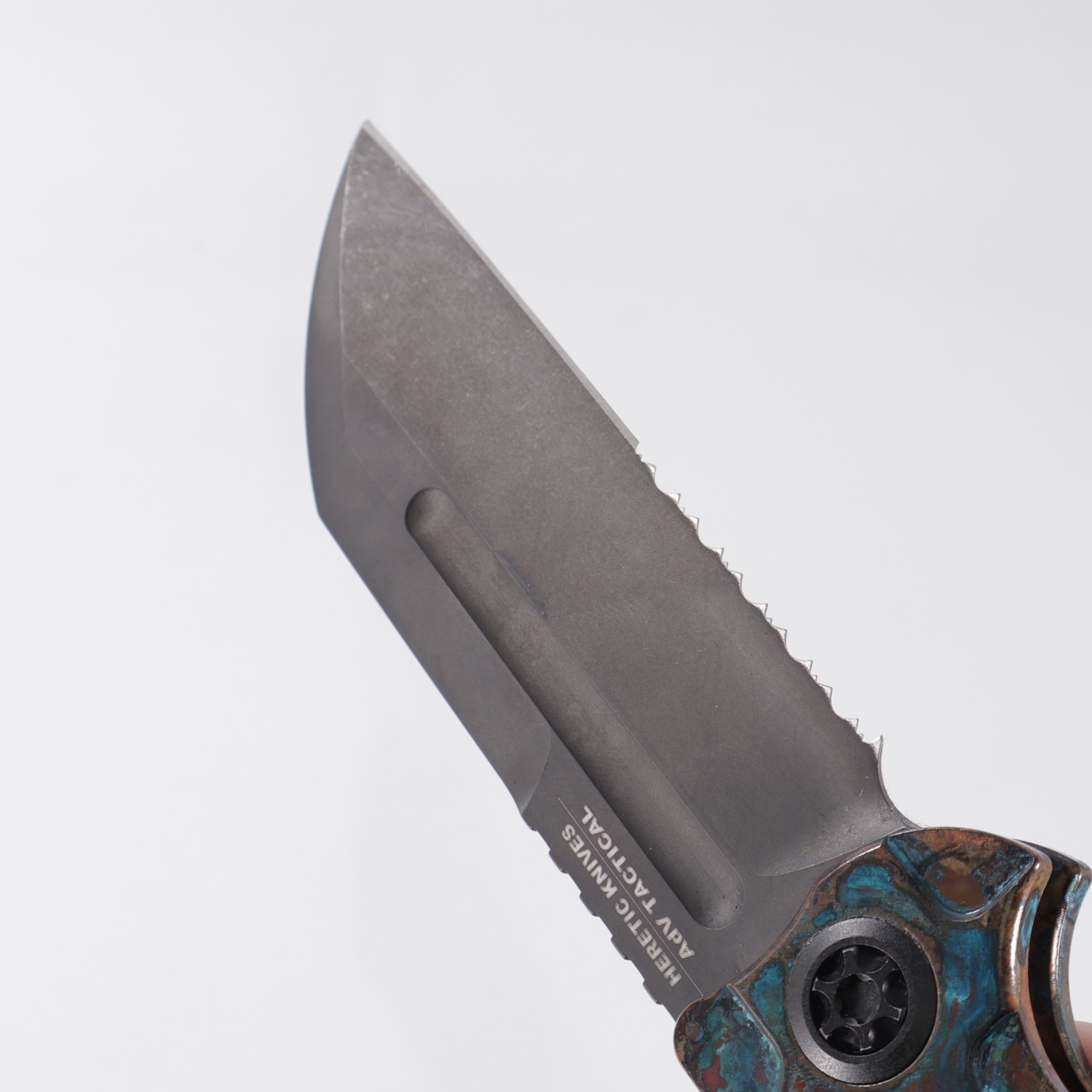 Heretic ADV Butcher Auto - Copper Scales w/ Carbon Fiber Overlays *Aftermarket Shipwreck* - DLC Partial Serrate S35VN - H034-6B-COPPER *PRE-OWNED*