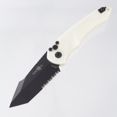 Heretic Mini Pariah Auto Tanto - Glow In The Dark Polymer - Black Partial Serrate Magnacut w/ Snugglez Lasering - H055-4B-GLO - BROP Exclusive *PRE-OWNED*