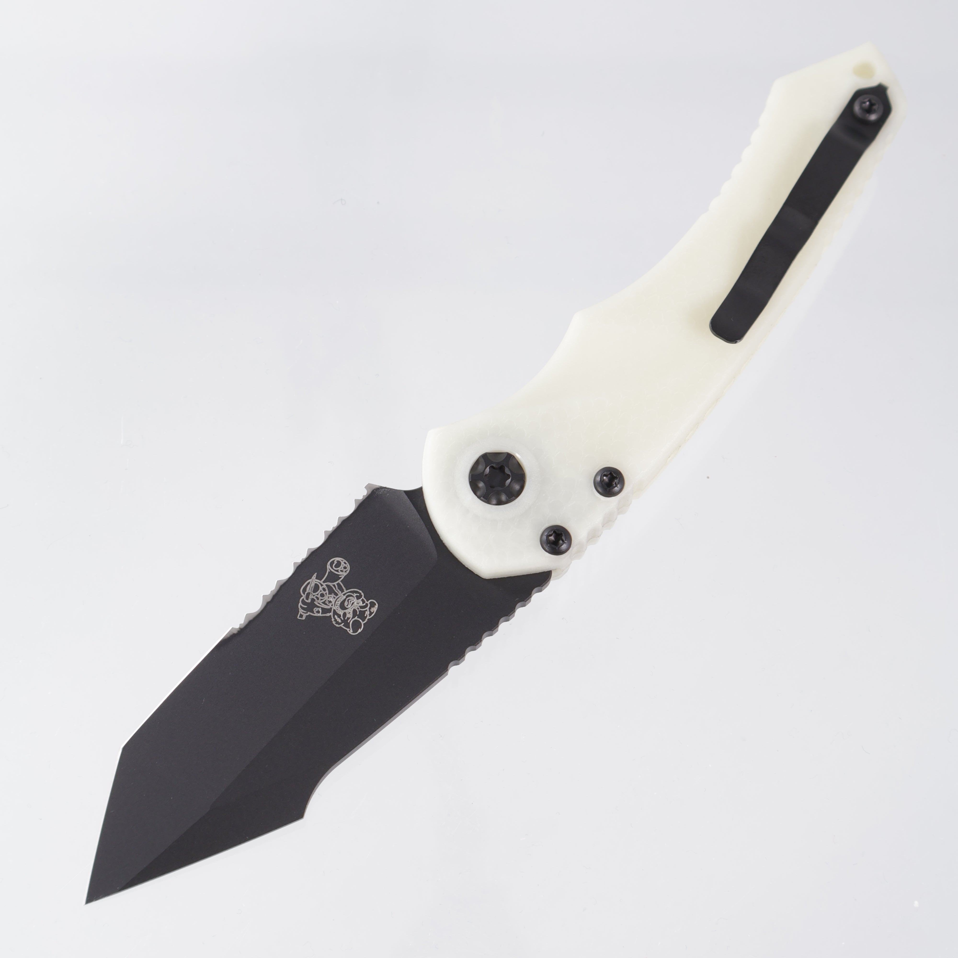 Heretic Mini Pariah Auto Tanto - Glow In The Dark Polymer - Black Partial Serrate Magnacut w/ Snugglez Lasering - H055-4B-GLO - BROP Exclusive *PRE-OWNED*
