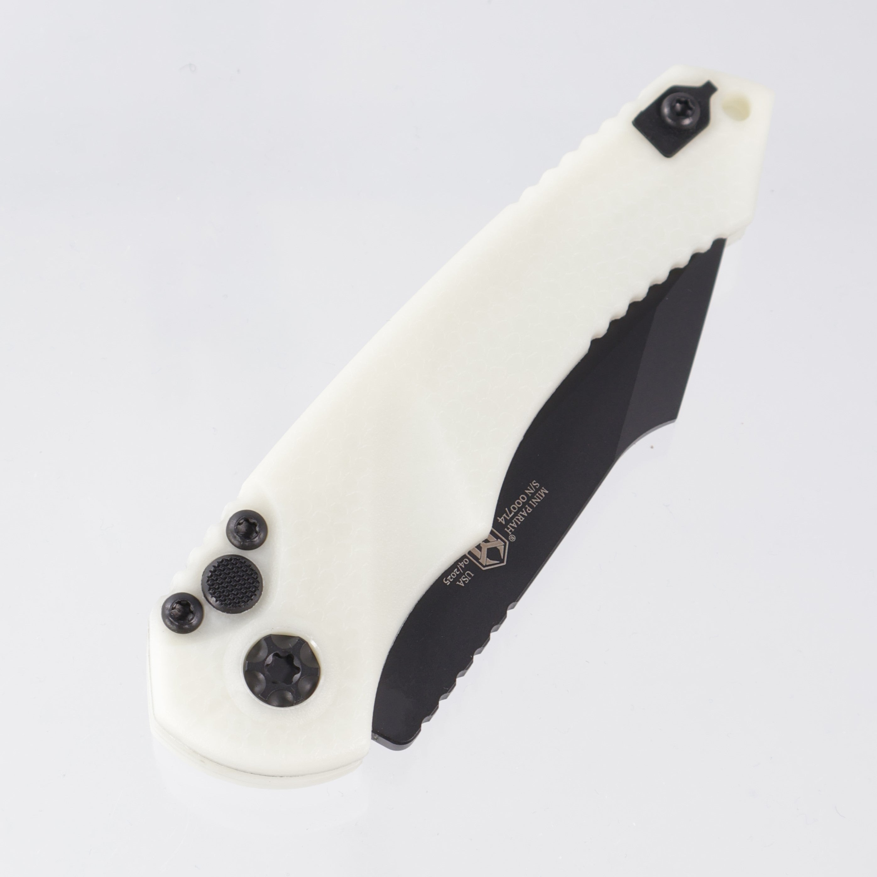 Heretic Mini Pariah Auto Tanto - Glow In The Dark Polymer - Black Partial Serrate Magnacut w/ Snugglez Lasering - H055-4B-GLO - BROP Exclusive *PRE-OWNED*