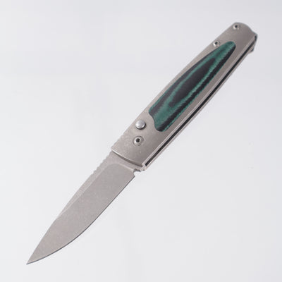 Homer Zhu Chen Auto #56 - Stonewash Titanium w Green/Black Micarta Inlays - Stonewash 154CM *PRE-OWNED*