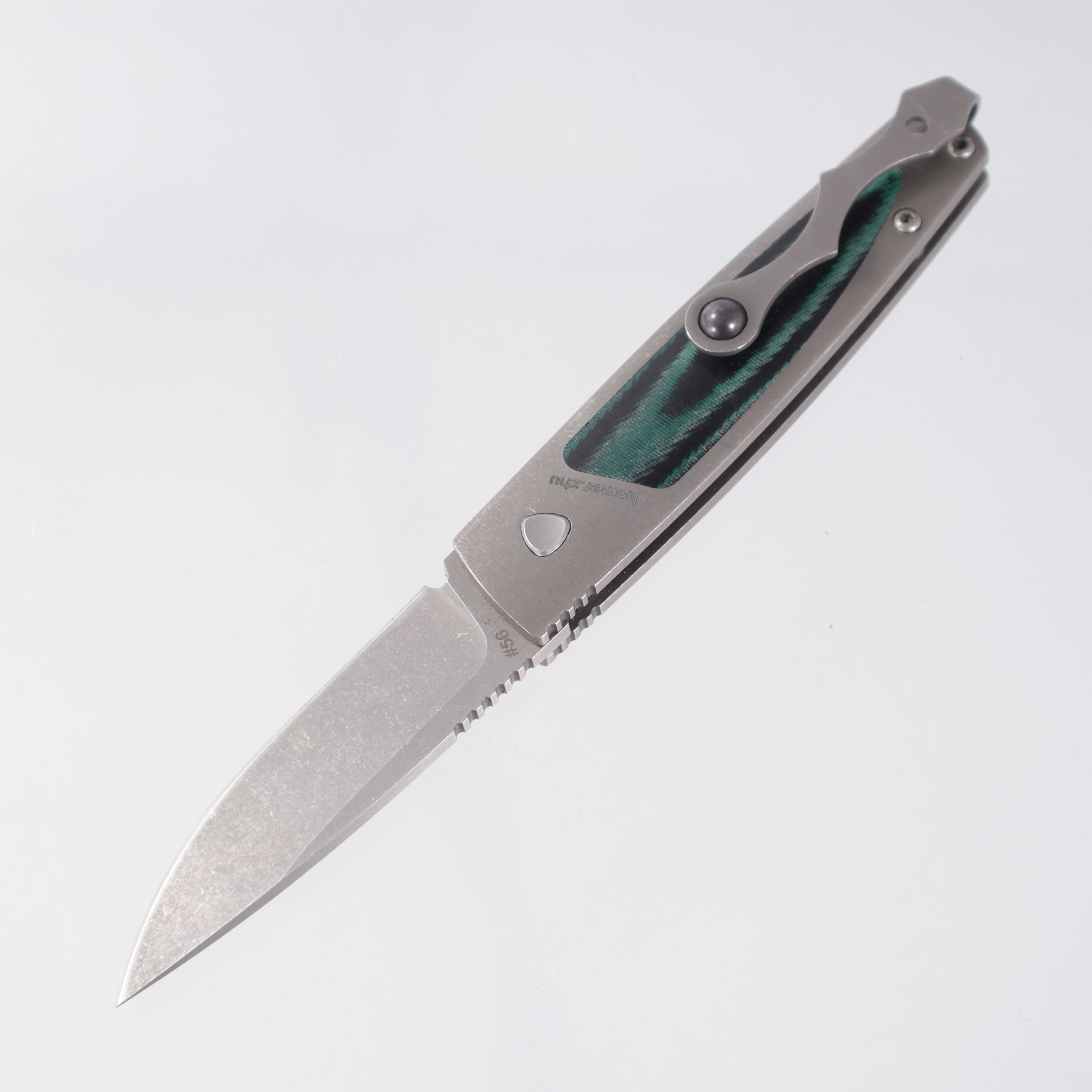 Homer Zhu Chen Auto #56 - Stonewash Titanium w Green/Black Micarta Inlays - Stonewash 154CM *PRE-OWNED*