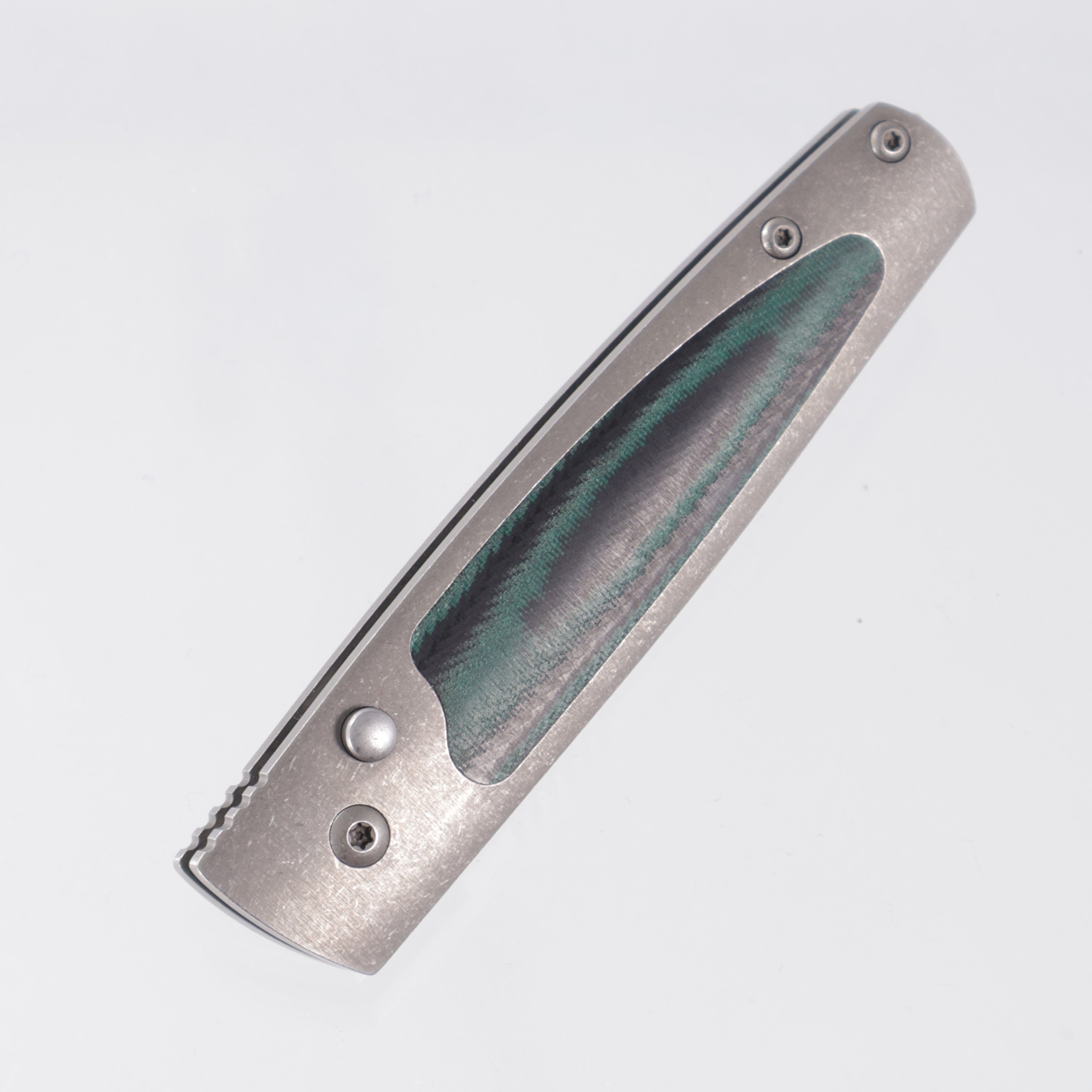 Homer Zhu Chen Auto #56 - Stonewash Titanium w Green/Black Micarta Inlays - Stonewash 154CM *PRE-OWNED*