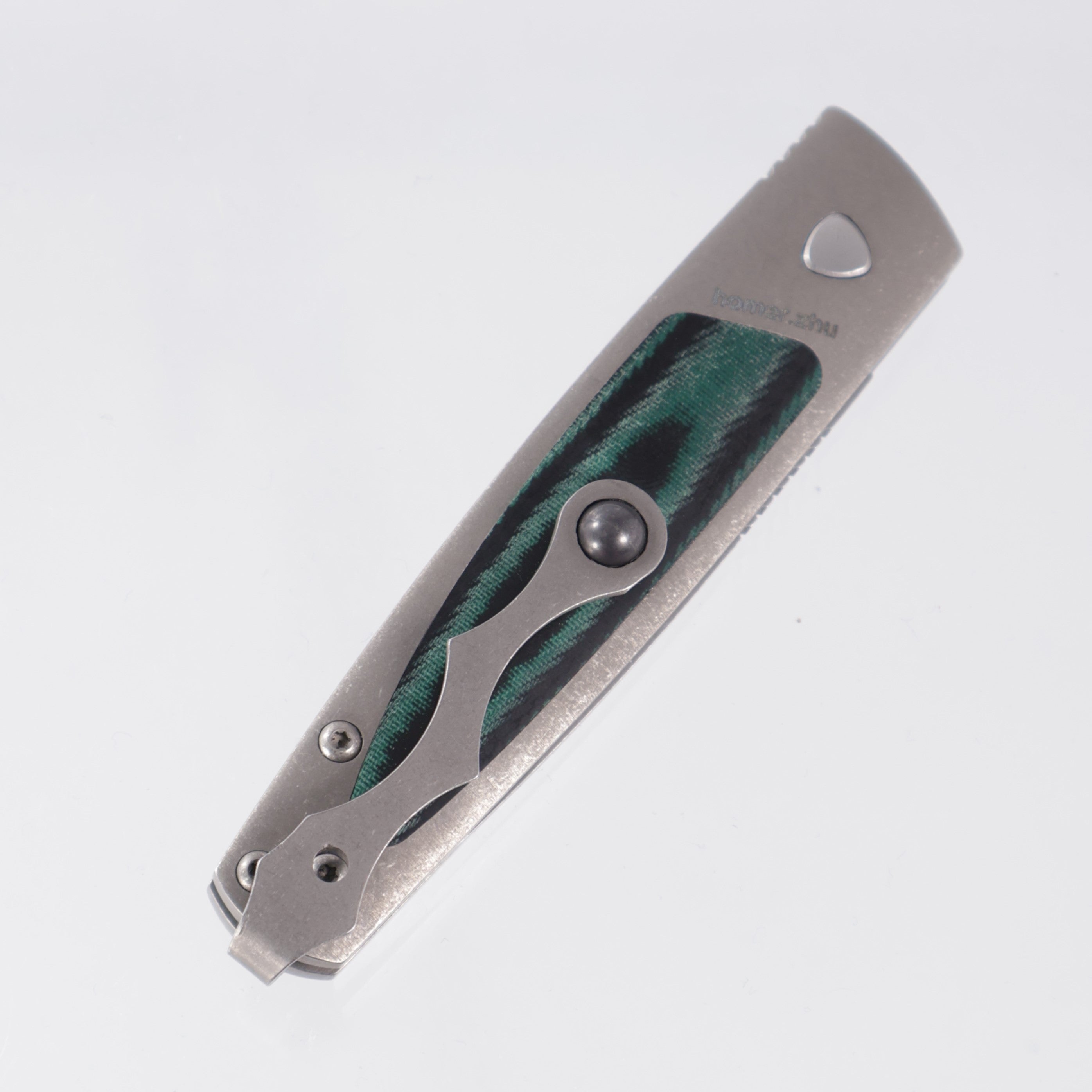 Homer Zhu Chen Auto #56 - Stonewash Titanium w Green/Black Micarta Inlays - Stonewash 154CM *PRE-OWNED*