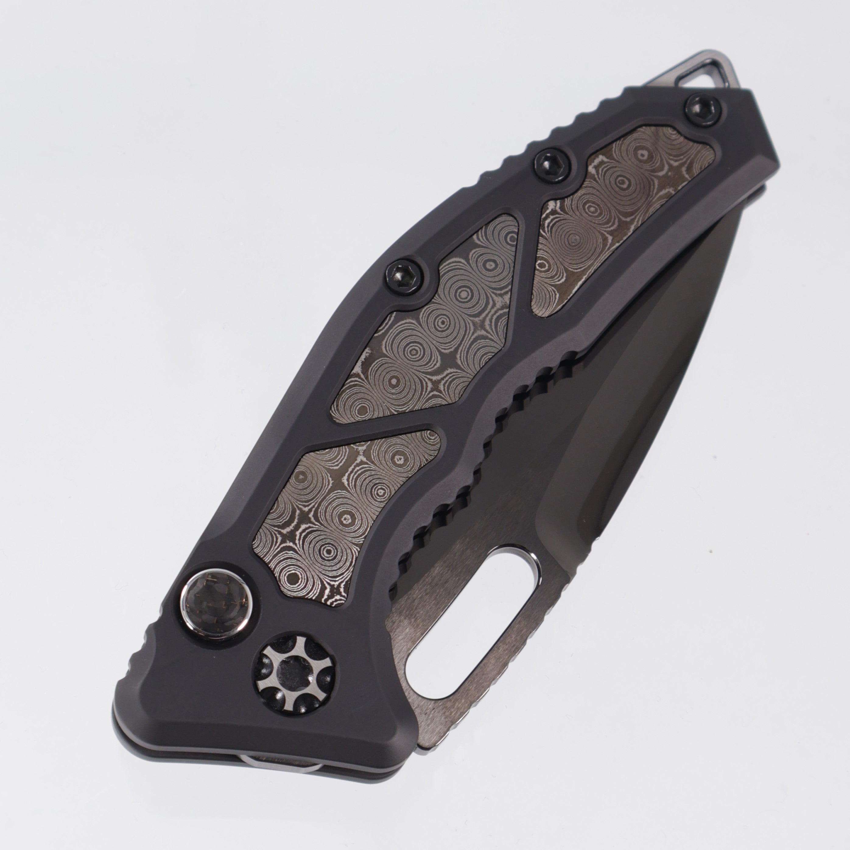 Heretic Medusa V2 Tanto Custom - Black Aluminum w/ Vegas Forge Inlays & Carbon Fiber Button - Stonewash DLC Blade S/N: 003 *PRE-OWNED*