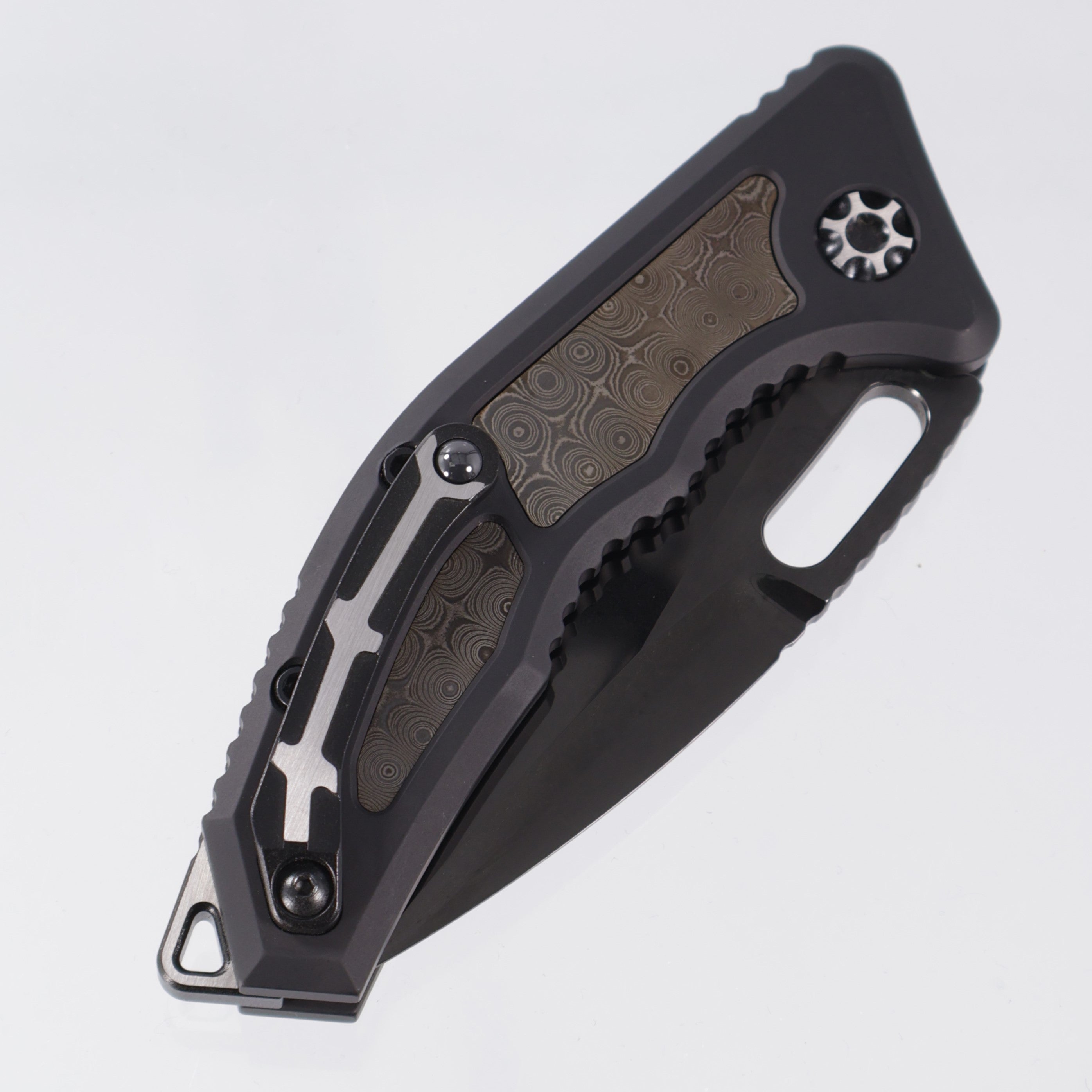 Heretic Medusa V2 Tanto Custom - Black Aluminum w/ Vegas Forge Inlays & Carbon Fiber Button - Stonewash DLC Blade S/N: 003 *PRE-OWNED*
