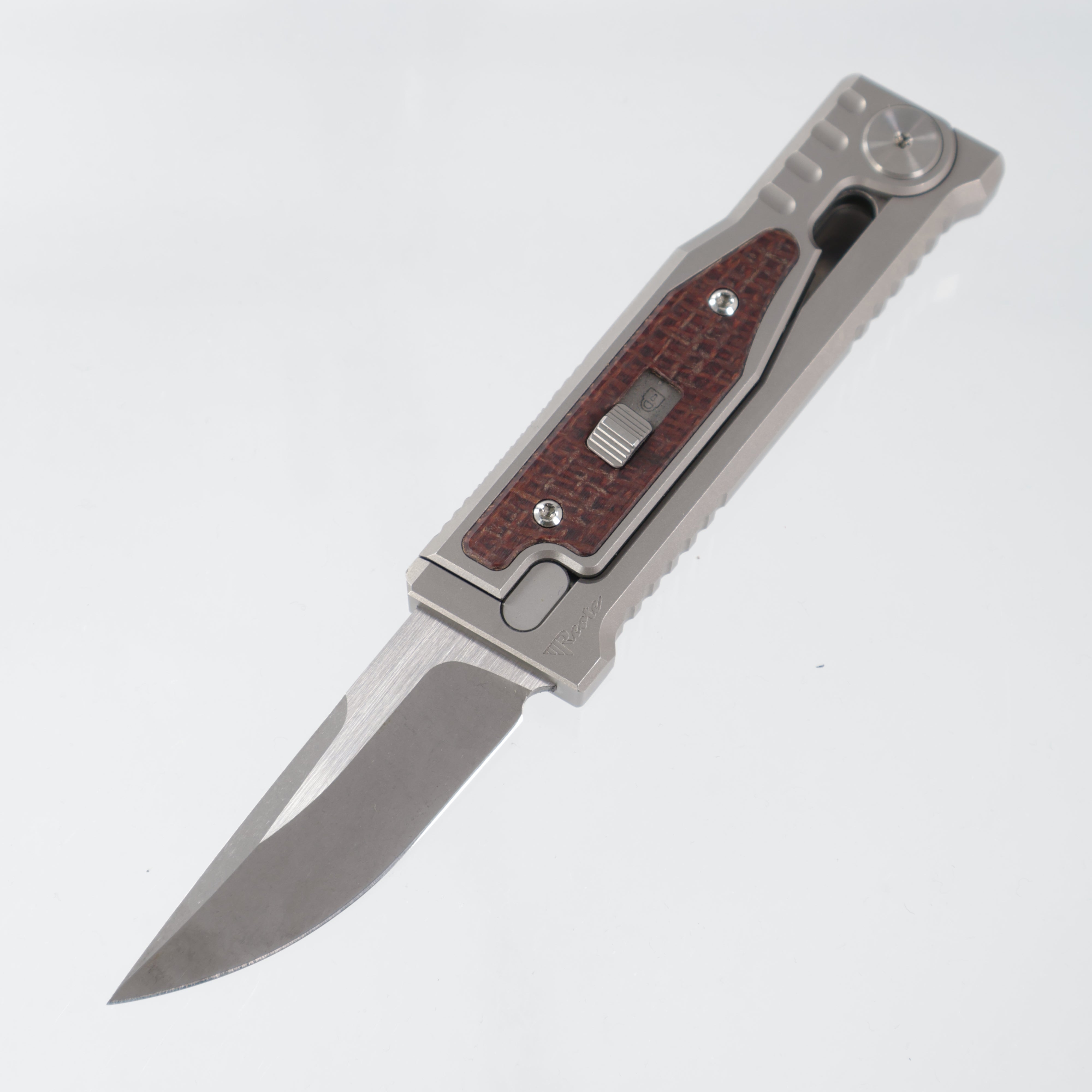 Reate Exo Mini Drop Point - Stonewash Titanium w/ Burlap Micarta Inlays - Stonewash 2-Tone 3V *PRE-OWNED*