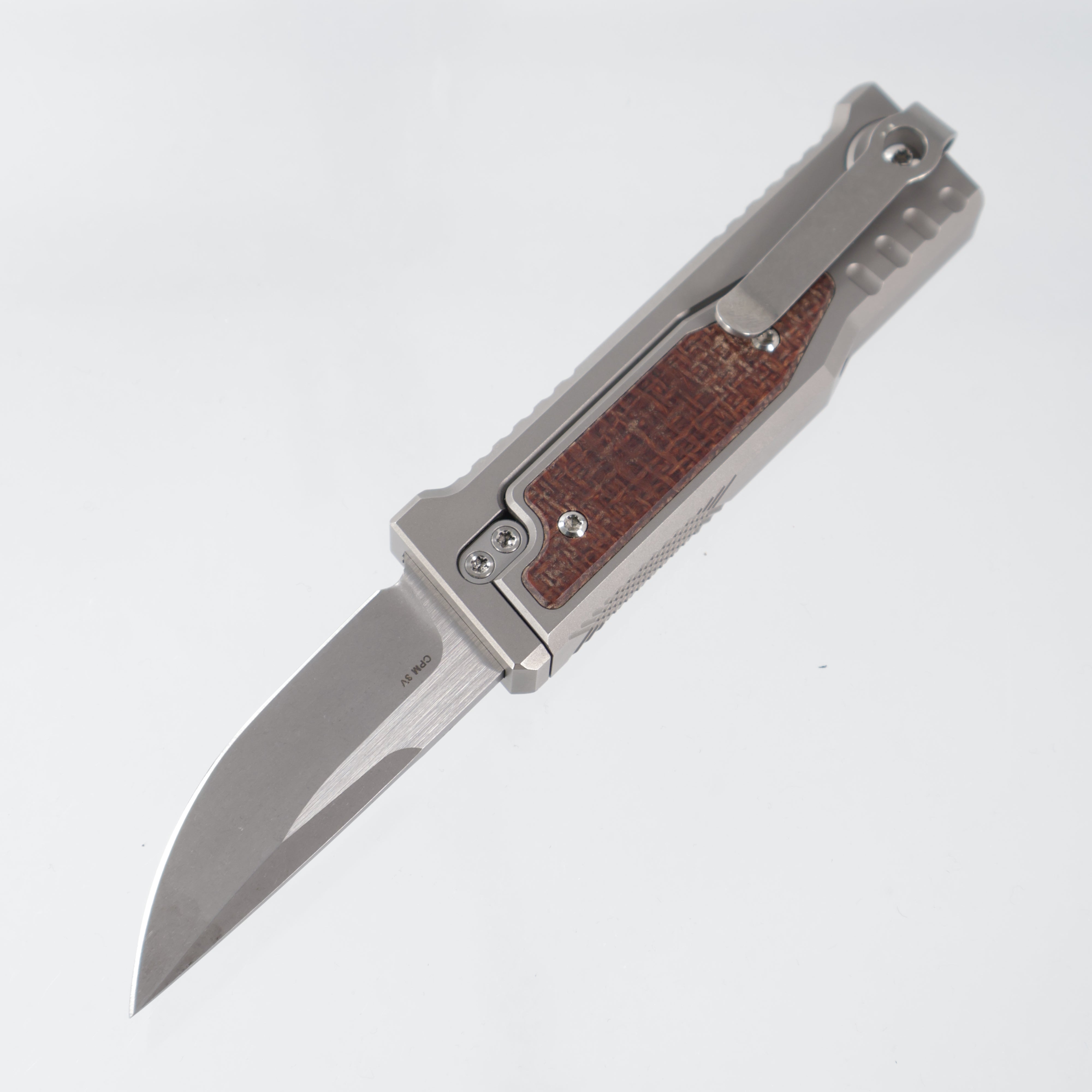 Reate Exo Mini Drop Point - Stonewash Titanium w/ Burlap Micarta Inlays - Stonewash 2-Tone 3V *PRE-OWNED*