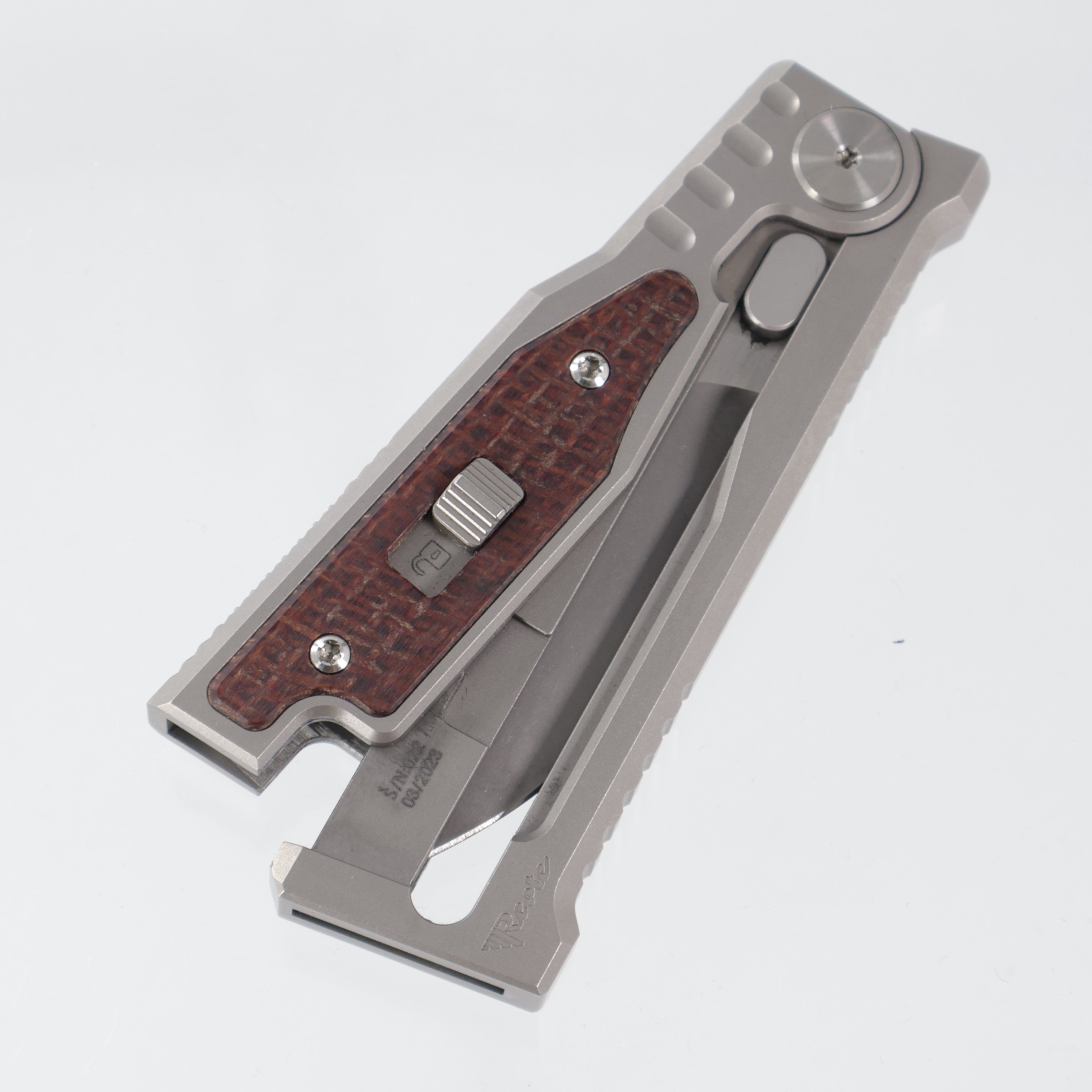Reate Exo Mini Drop Point - Stonewash Titanium w/ Burlap Micarta Inlays - Stonewash 2-Tone 3V *PRE-OWNED*