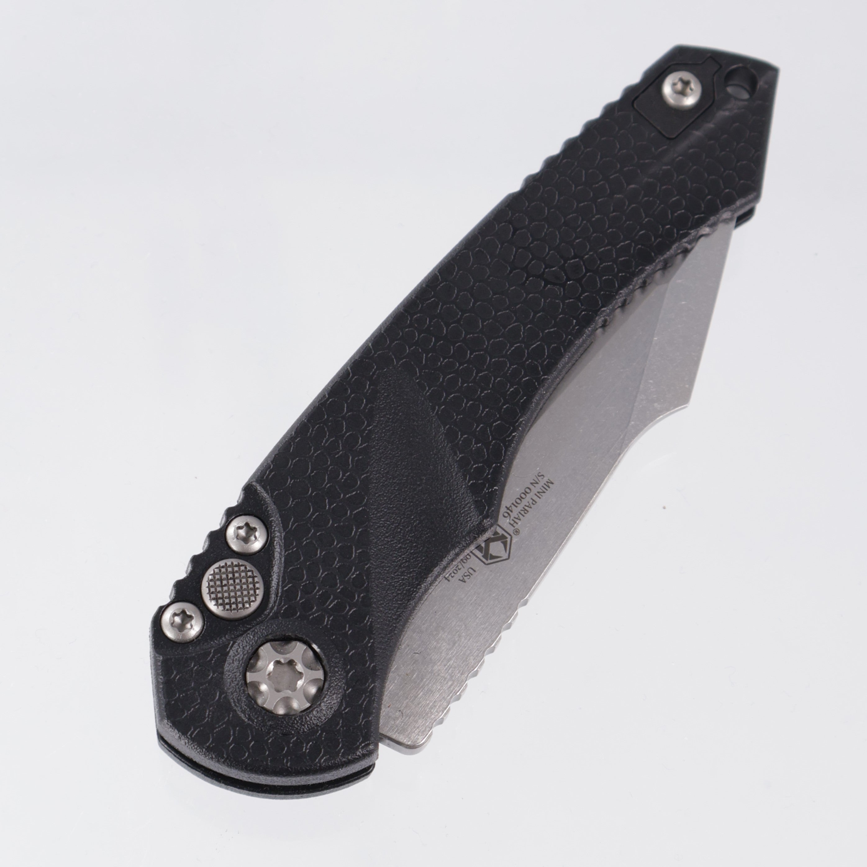 Heretic Mini Pariah Tanto Auto - Black Polymer - Stonewash Magancut - H055-2A *PRE-OWNED*