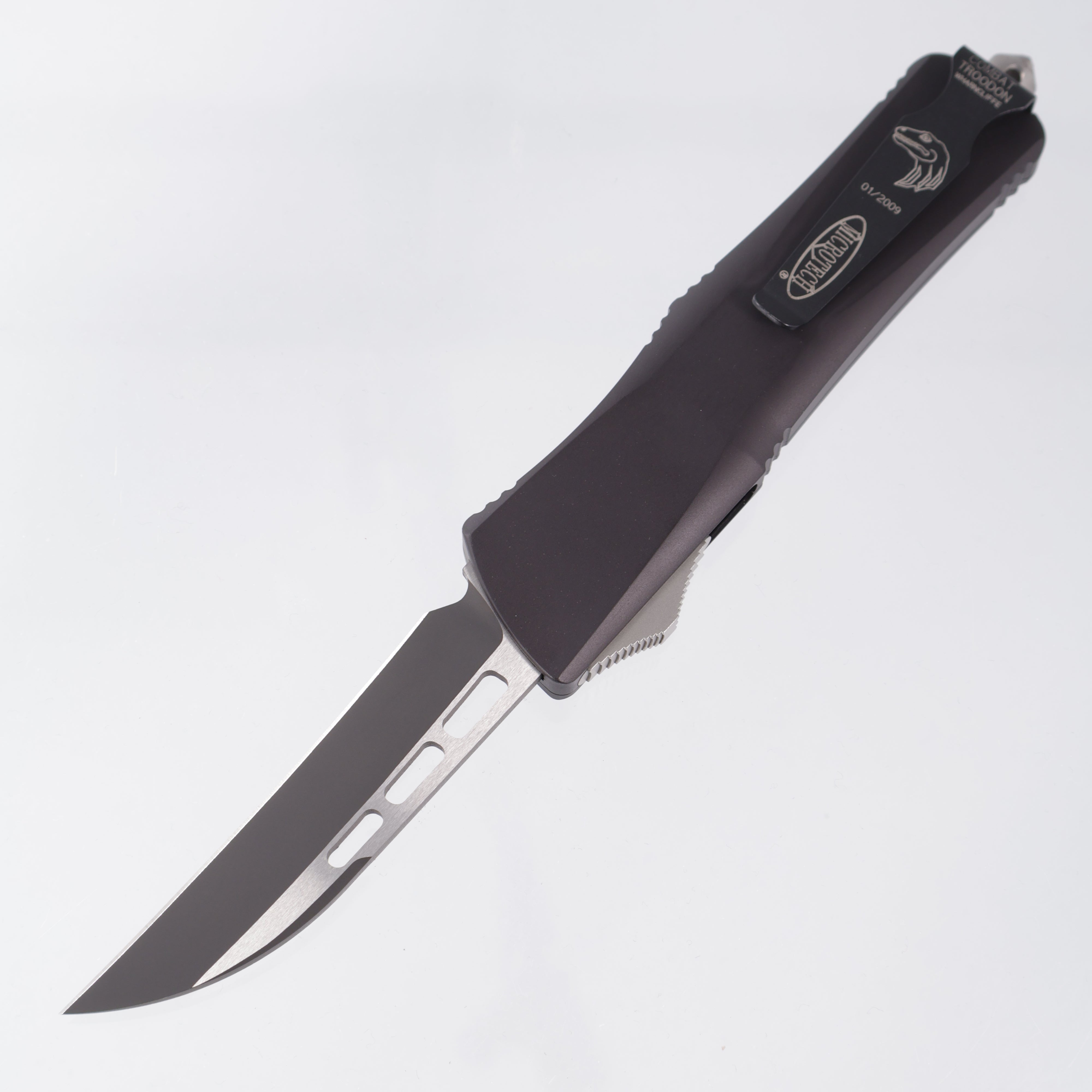 Microtech Combat Troodon Wharncliffe - Smooth Body Black Aluminum - 2-Tone Tactical Blade - Marked both 12/2008 & 01/2009 Build *PRE-OWNED*