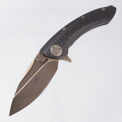 Marfione Custom Whale Shark - 30K Layer Lightning Strike Carbon Fiber w Sub Frame Lock & Fire Colored Hardware - Hand Ground Fire Colored Tri-Tone Stonewash Blade *PRE-OWNED*