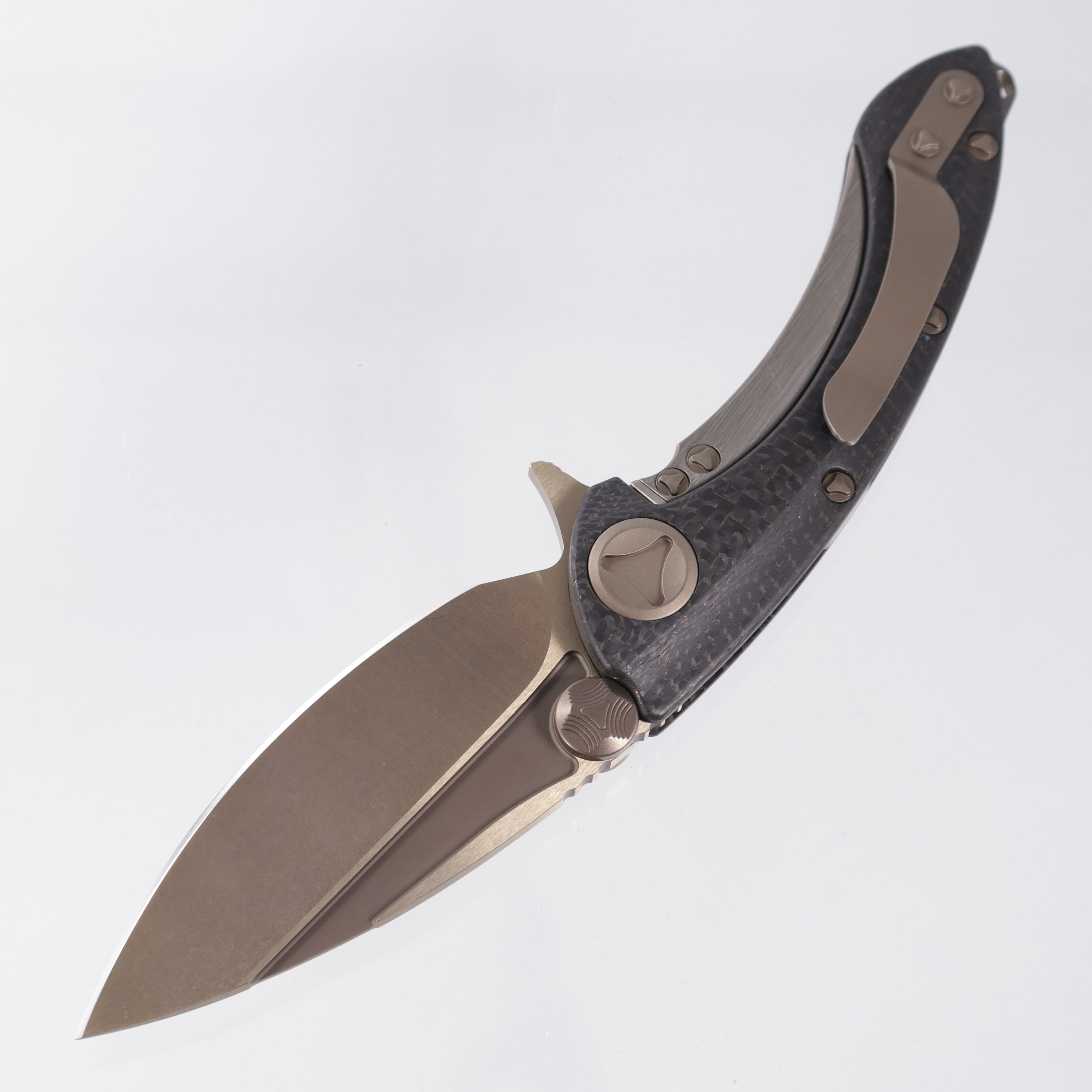 Marfione Custom Whale Shark - 30K Layer Lightning Strike Carbon Fiber w Sub Frame Lock & Fire Colored Hardware - Hand Ground Fire Colored Tri-Tone Stonewash Blade *PRE-OWNED*