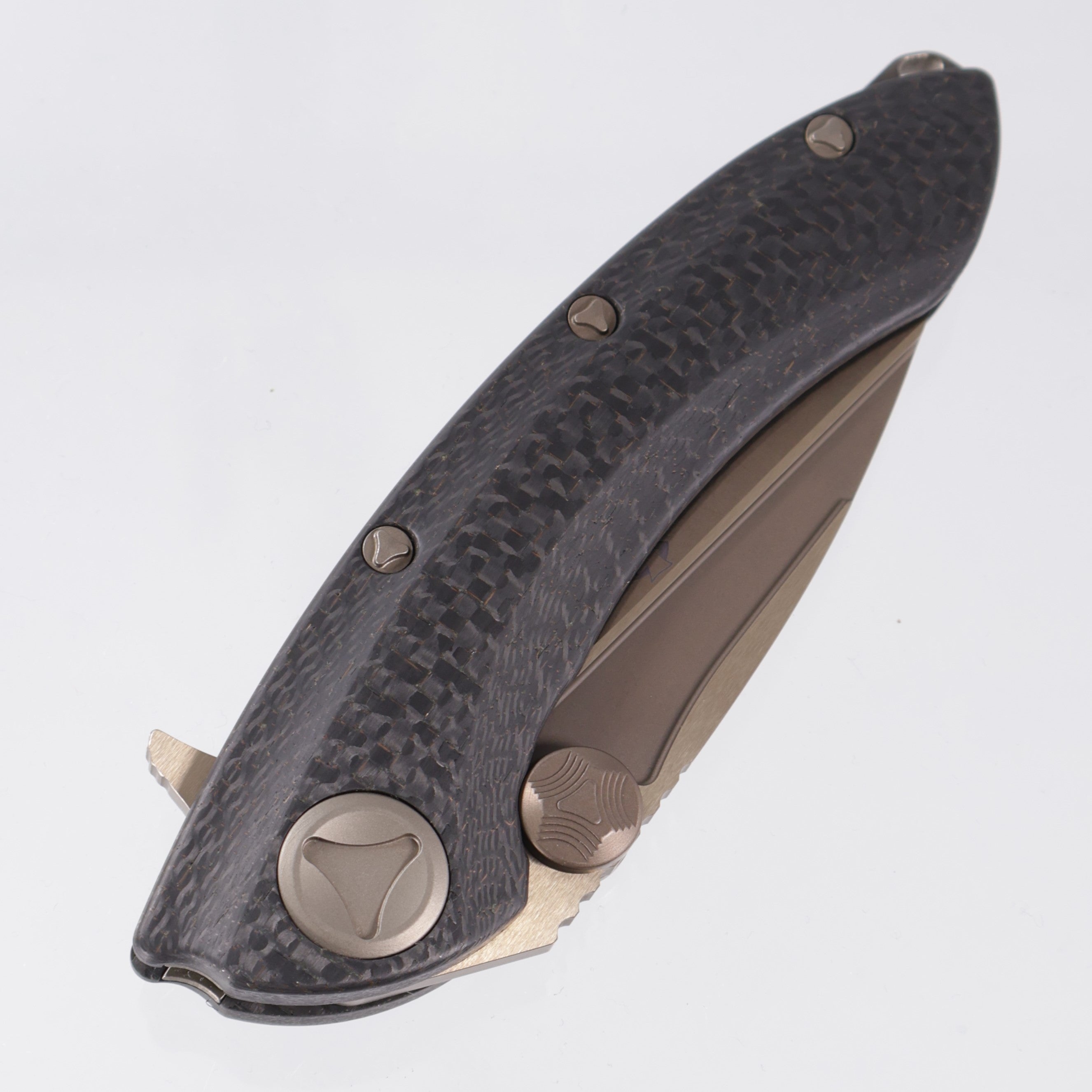 Marfione Custom Whale Shark - 30K Layer Lightning Strike Carbon Fiber w Sub Frame Lock & Fire Colored Hardware - Hand Ground Fire Colored Tri-Tone Stonewash Blade *PRE-OWNED*