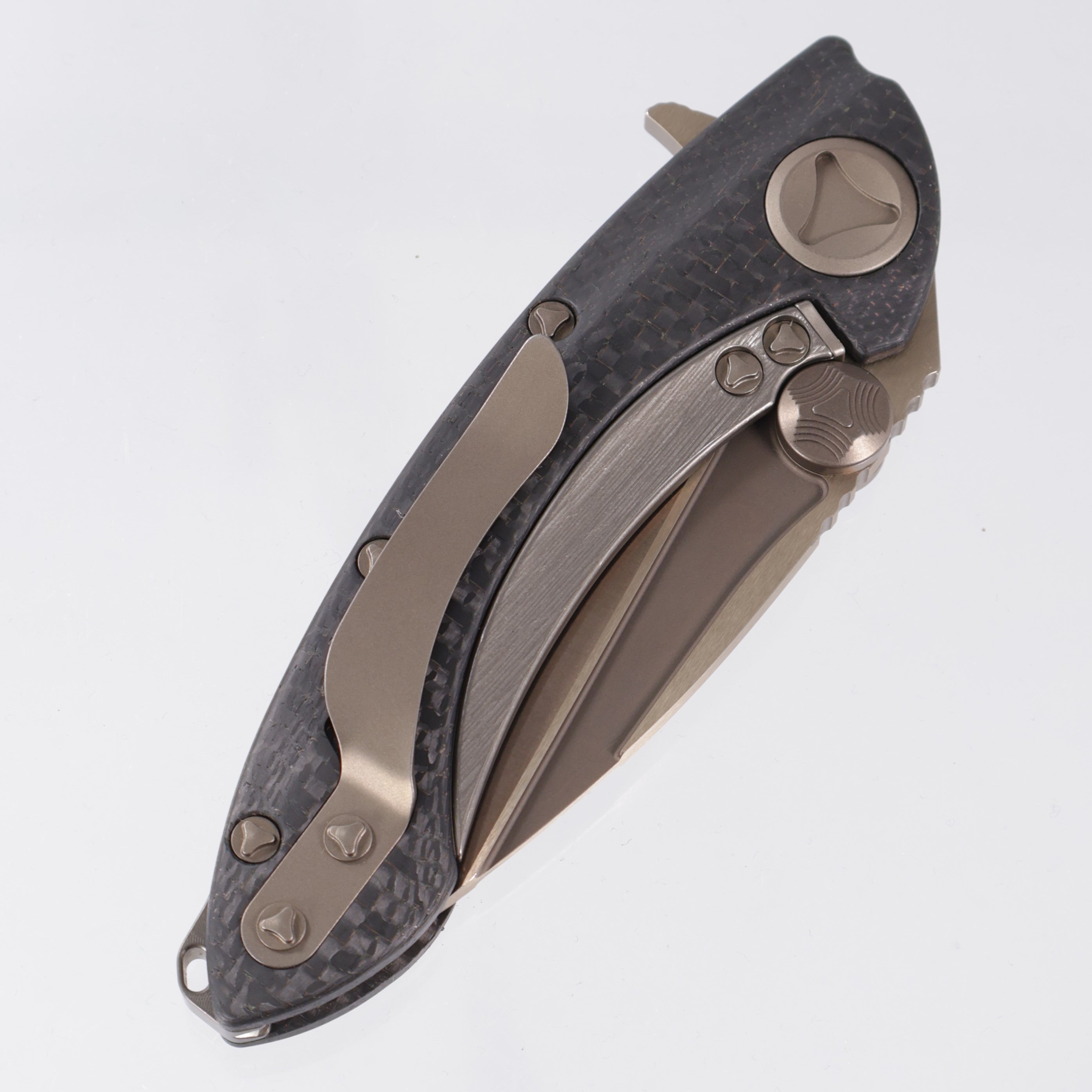 Marfione Custom Whale Shark - 30K Layer Lightning Strike Carbon Fiber w Sub Frame Lock & Fire Colored Hardware - Hand Ground Fire Colored Tri-Tone Stonewash Blade *PRE-OWNED*