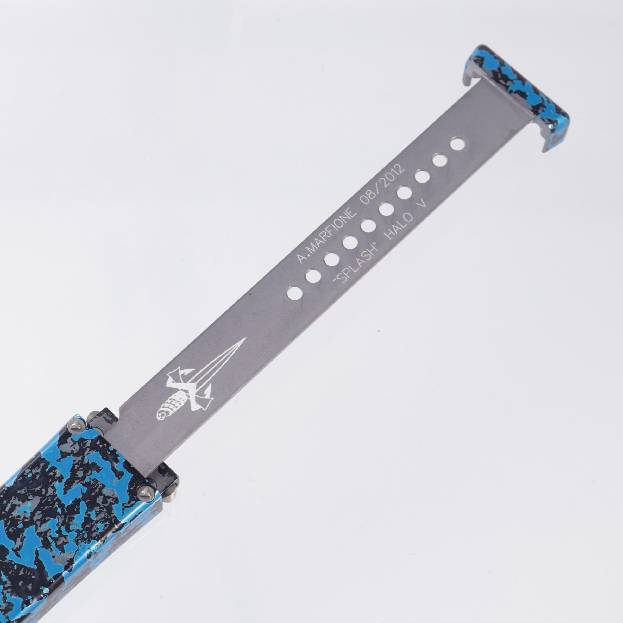 Marfione Custom Halo V Tanto - Blue & Black Splash Ano w/ Claw Logo - High Polish Compound Grind CPM-154 - 08/2012 Build *PRE-OWNED*