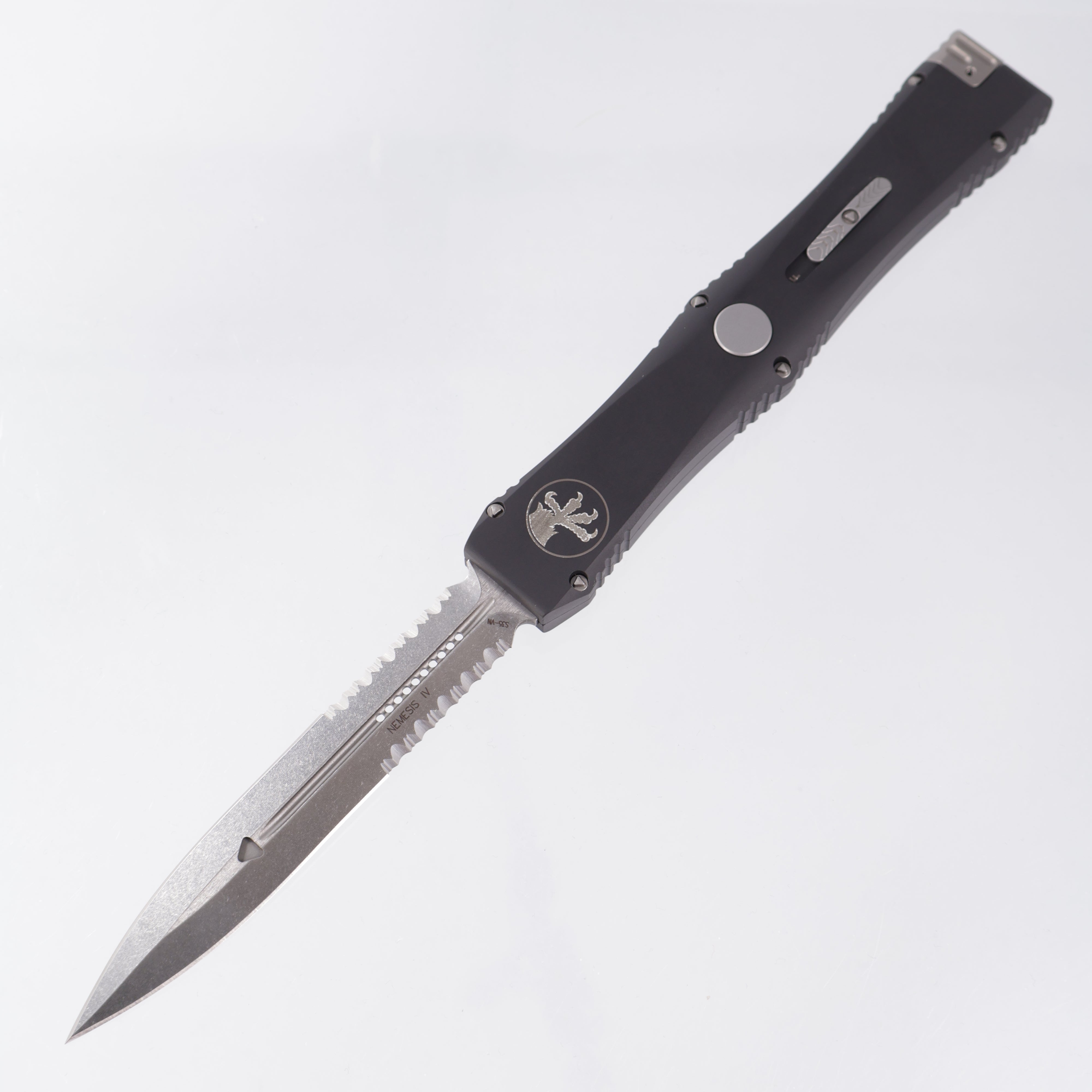 Microtech Nemesis IV - Black Aluminum w/ Safety - Stonewash Partial Serrate S35VN - 152-11 *PRE-OWNED*
