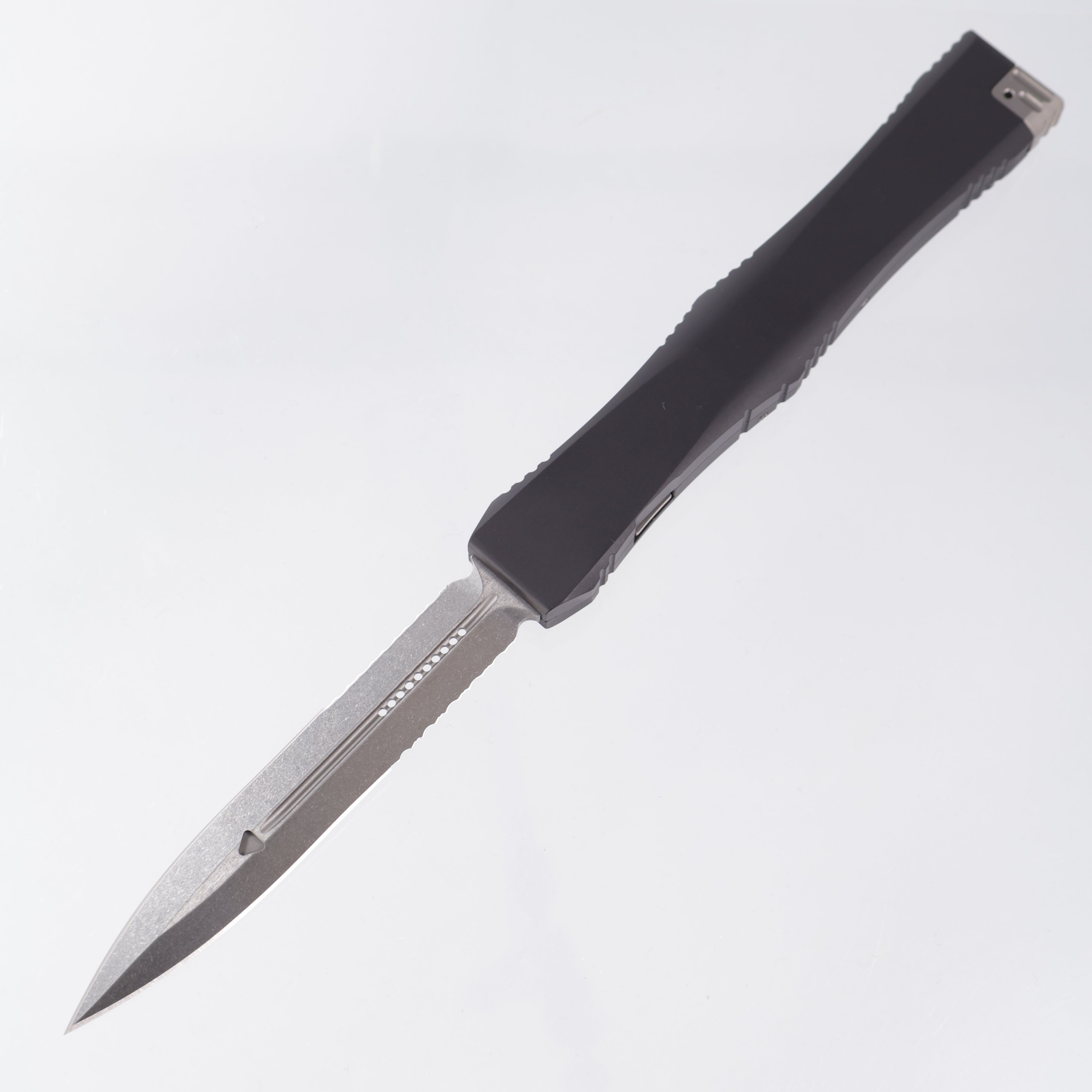 Microtech Nemesis IV - Black Aluminum w/ Safety - Stonewash Partial Serrate S35VN - 152-11 *PRE-OWNED*
