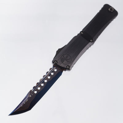 Microtech Combat Troodon Gen III Marfione Select Hellhound - Hefted Aluminum Chassis w/ Blue Titanium Glassbreak & DLC Hardware - Blued Baker Forge Coppermai Damascus - 1219-16MS2 *PRE-OWNED*