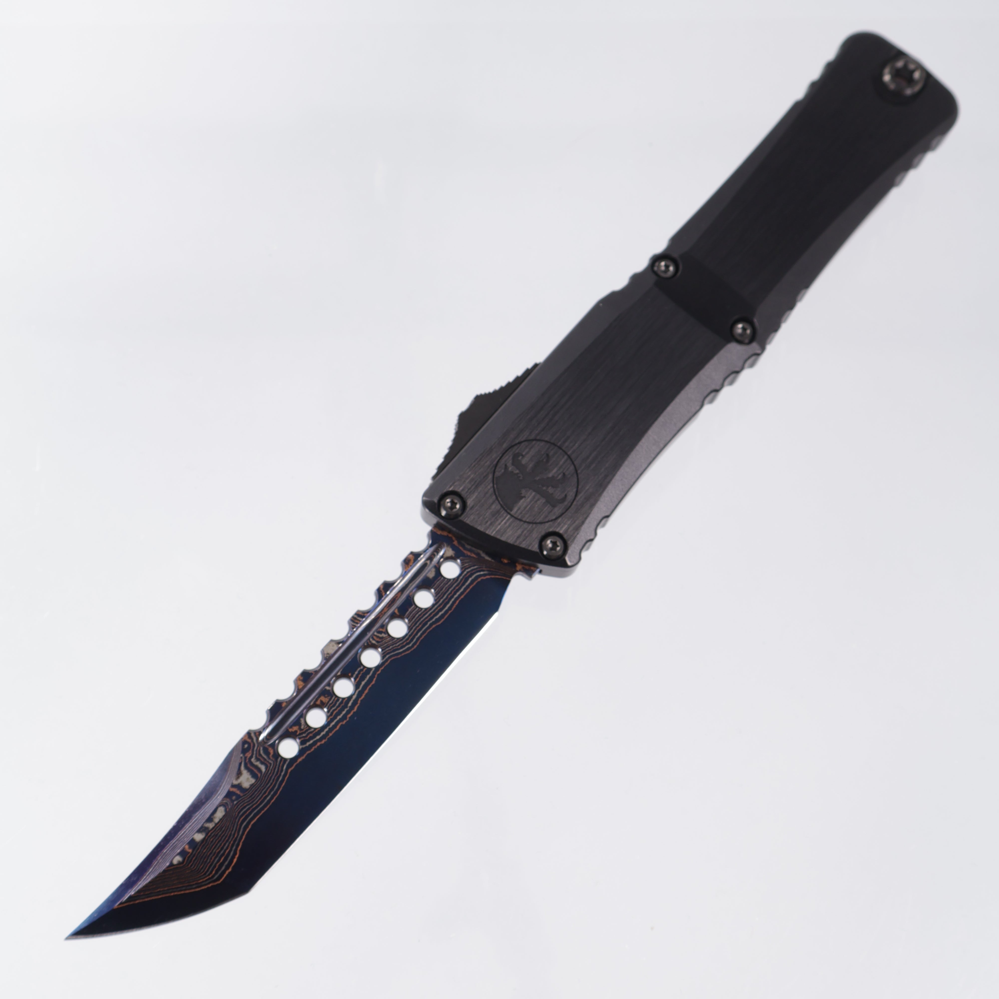 Microtech Combat Troodon Gen III Marfione Select Hellhound - Hefted Aluminum Chassis w/ Blue Titanium Glassbreak & DLC Hardware - Blued Baker Forge Coppermai Damascus - 1219-16MS2 *PRE-OWNED*