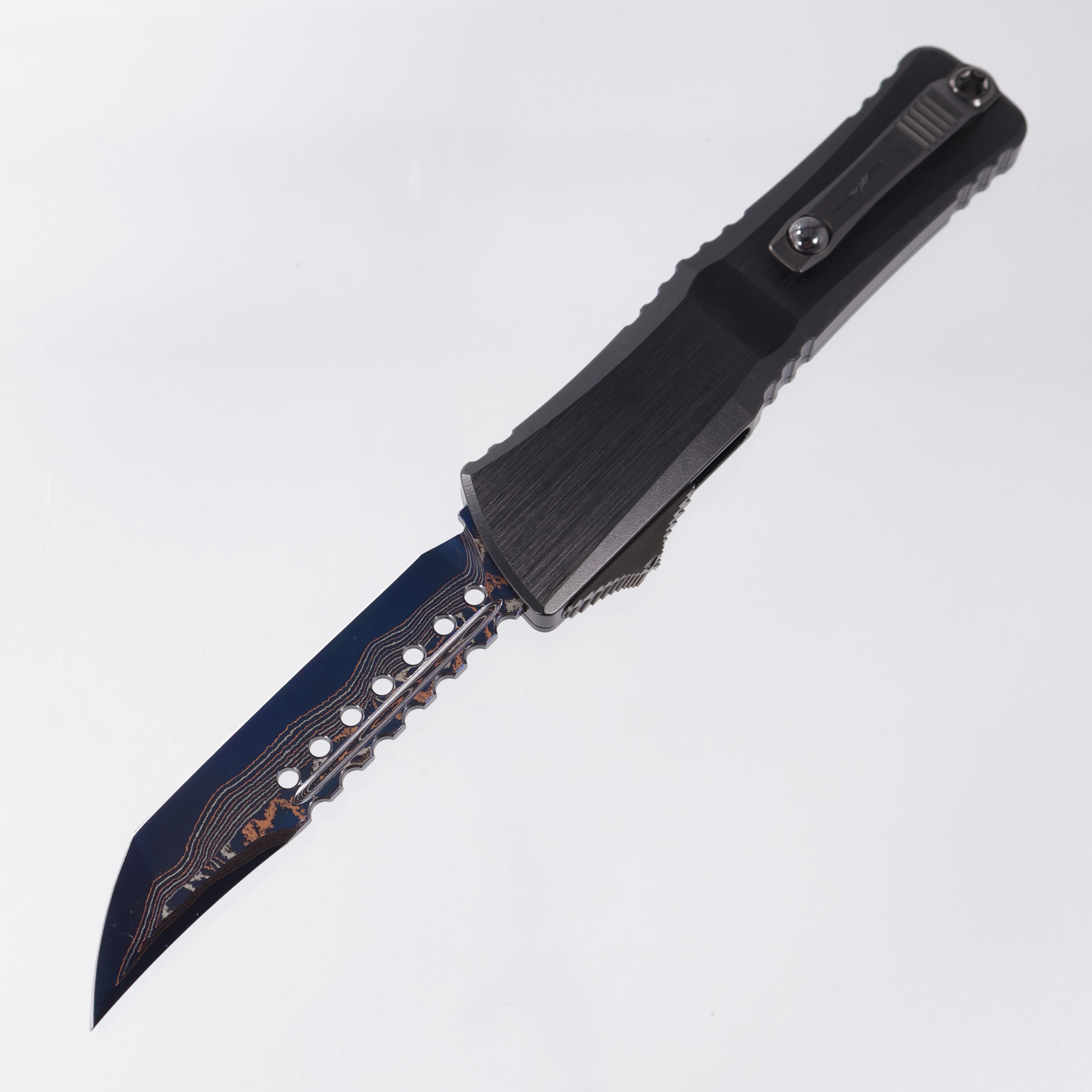 Microtech Combat Troodon Gen III Marfione Select Hellhound - Hefted Aluminum Chassis w/ Blue Titanium Glassbreak & DLC Hardware - Blued Baker Forge Coppermai Damascus - 1219-16MS2 *PRE-OWNED*