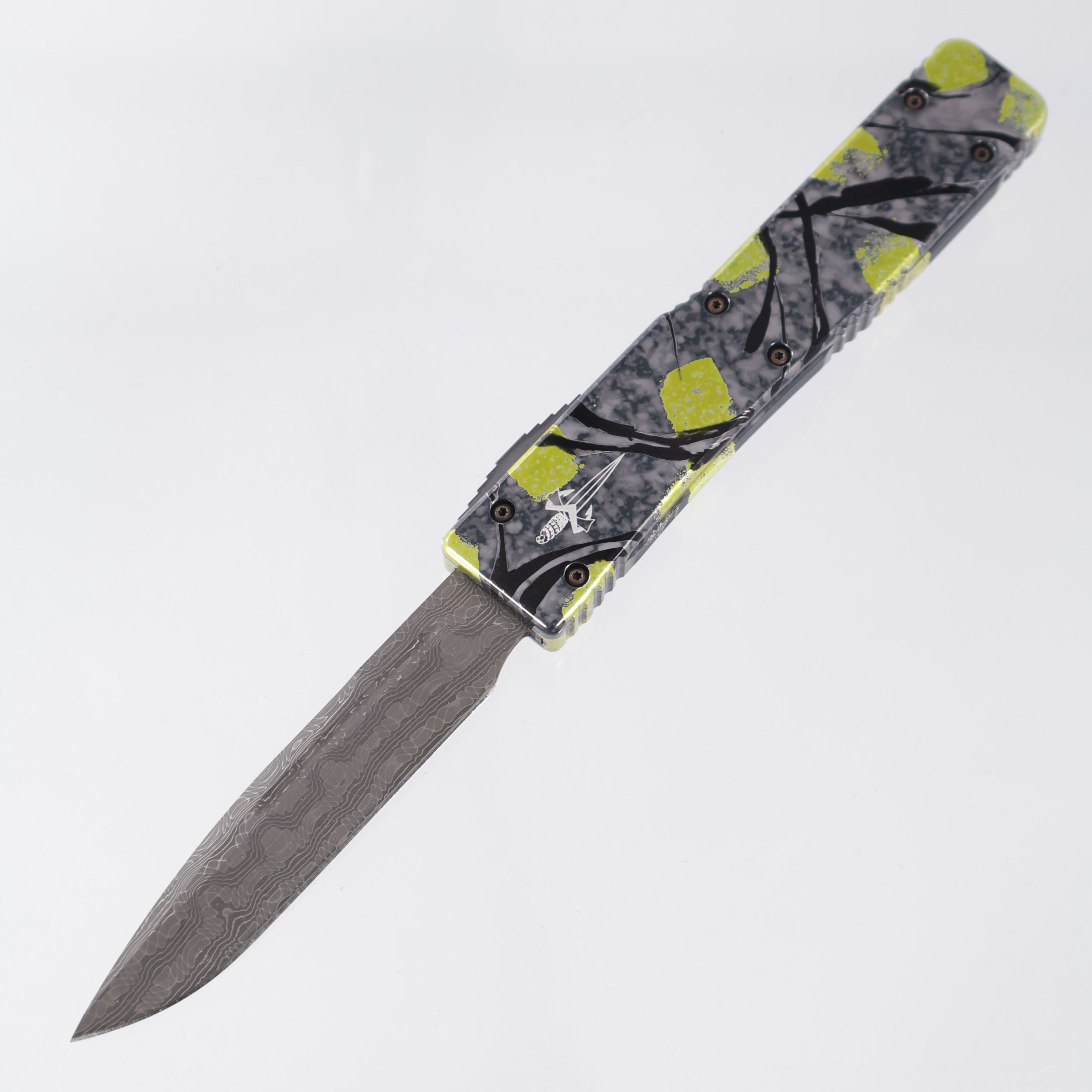 Marfione Custom Ultratech - Gray/Yellow/Black Splash Chassis - Devin Thomas Damascus Blade - S/N: 092 *PRE-OWNED*