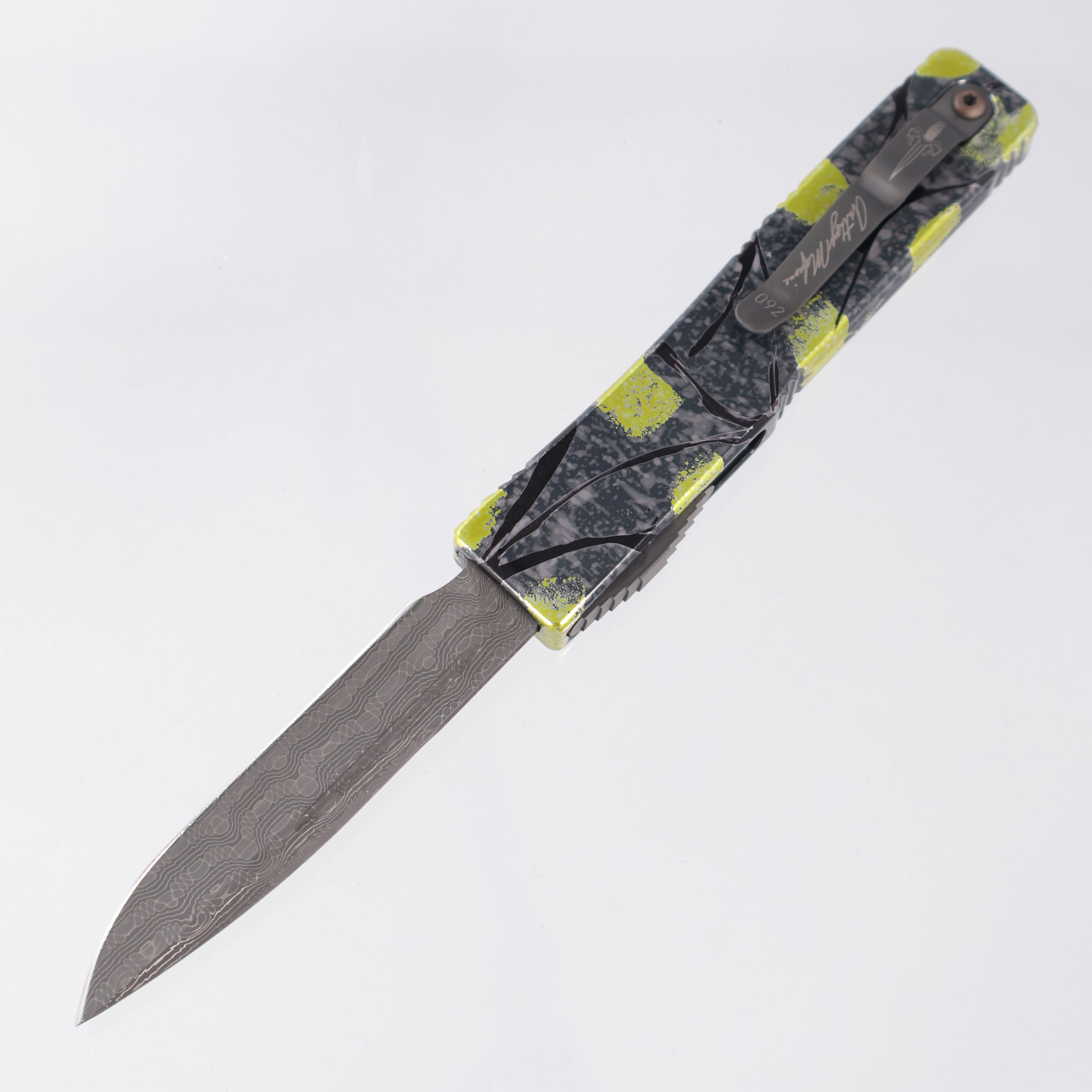 Marfione Custom Ultratech - Gray/Yellow/Black Splash Chassis - Devin Thomas Damascus Blade - S/N: 092 *PRE-OWNED*