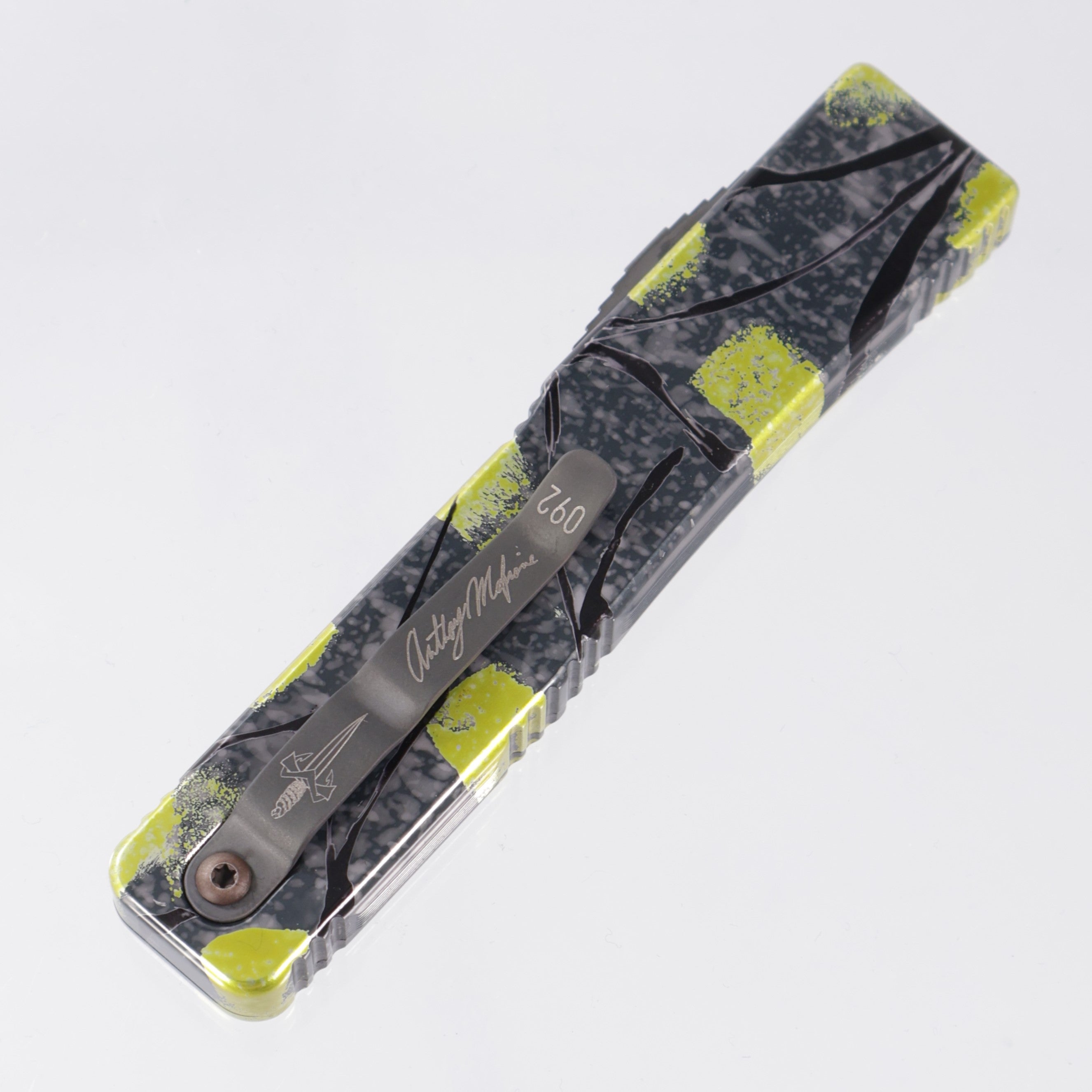 Marfione Custom Ultratech - Gray/Yellow/Black Splash Chassis - Devin Thomas Damascus Blade - S/N: 092 *PRE-OWNED*