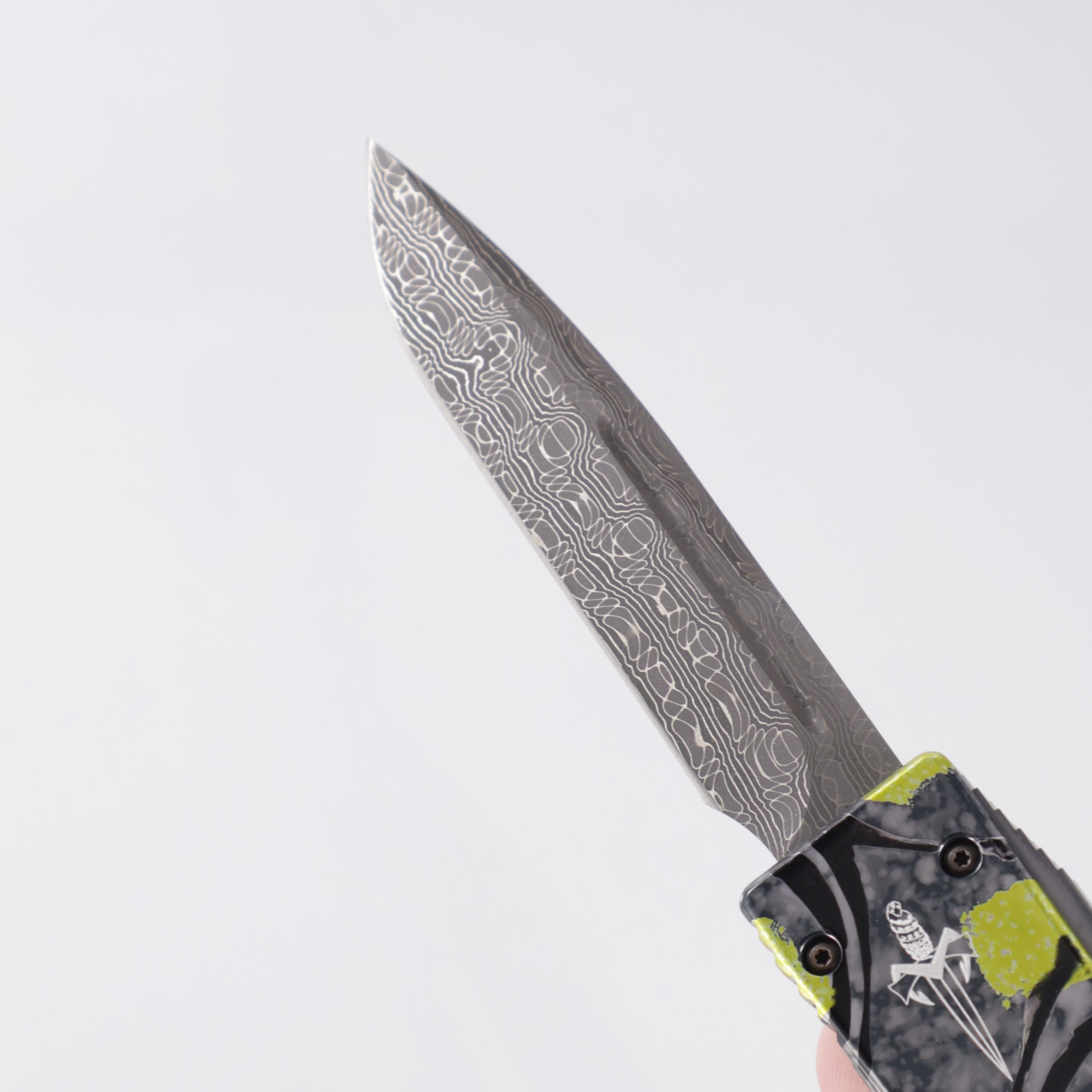 Marfione Custom Ultratech - Gray/Yellow/Black Splash Chassis - Devin Thomas Damascus Blade - S/N: 092 *PRE-OWNED*