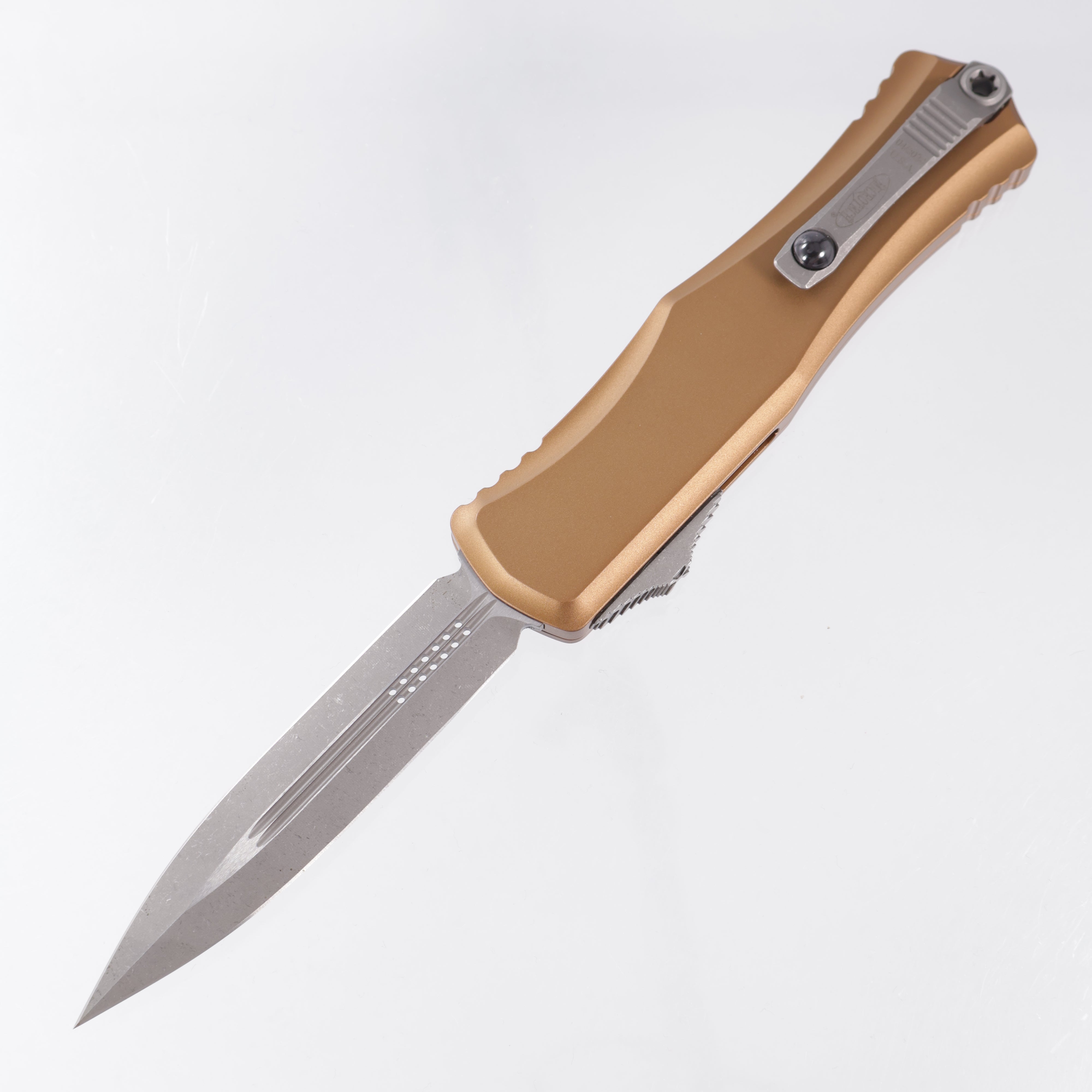 Microtech Hera II Double Edge - Tan Aluminum - Apocalyptic M390MK - 1702-10 APTA *PRE-OWNED*