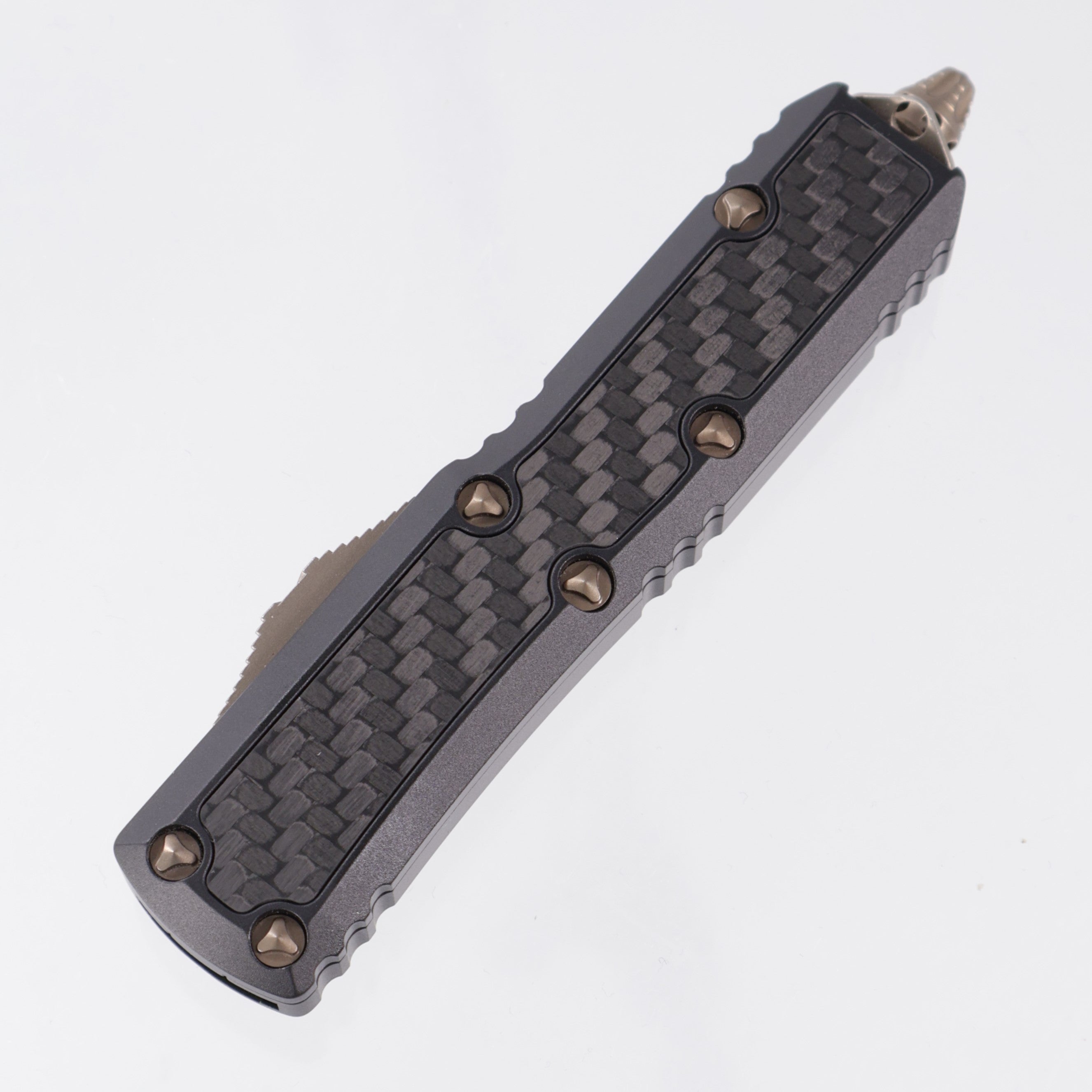 Microtech Daytona Double Edge - Black Aluminum w/ Carbon Fiber Inlays - Bronze M390 - 126-13 CFIS *PRE-OWNED*