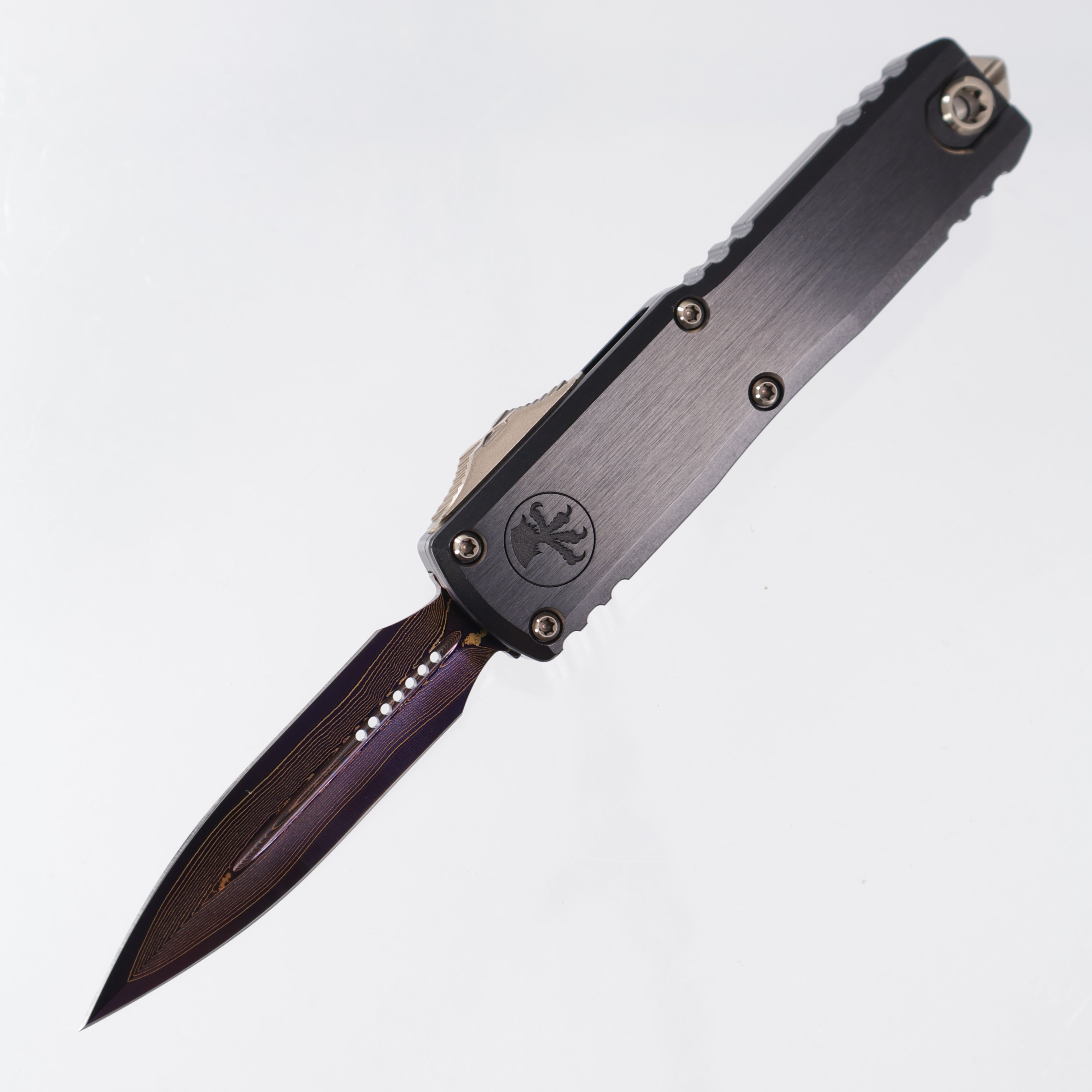 Microtech UTX-85 Gen III Double Edge Marfione Select - Hefted Aluminum Chassis w/ DLC Hardware & Purple Ti Accents - Purple Baker Forge Coppermai Damascus - 1232-16MS3 *PRE-OWNED*