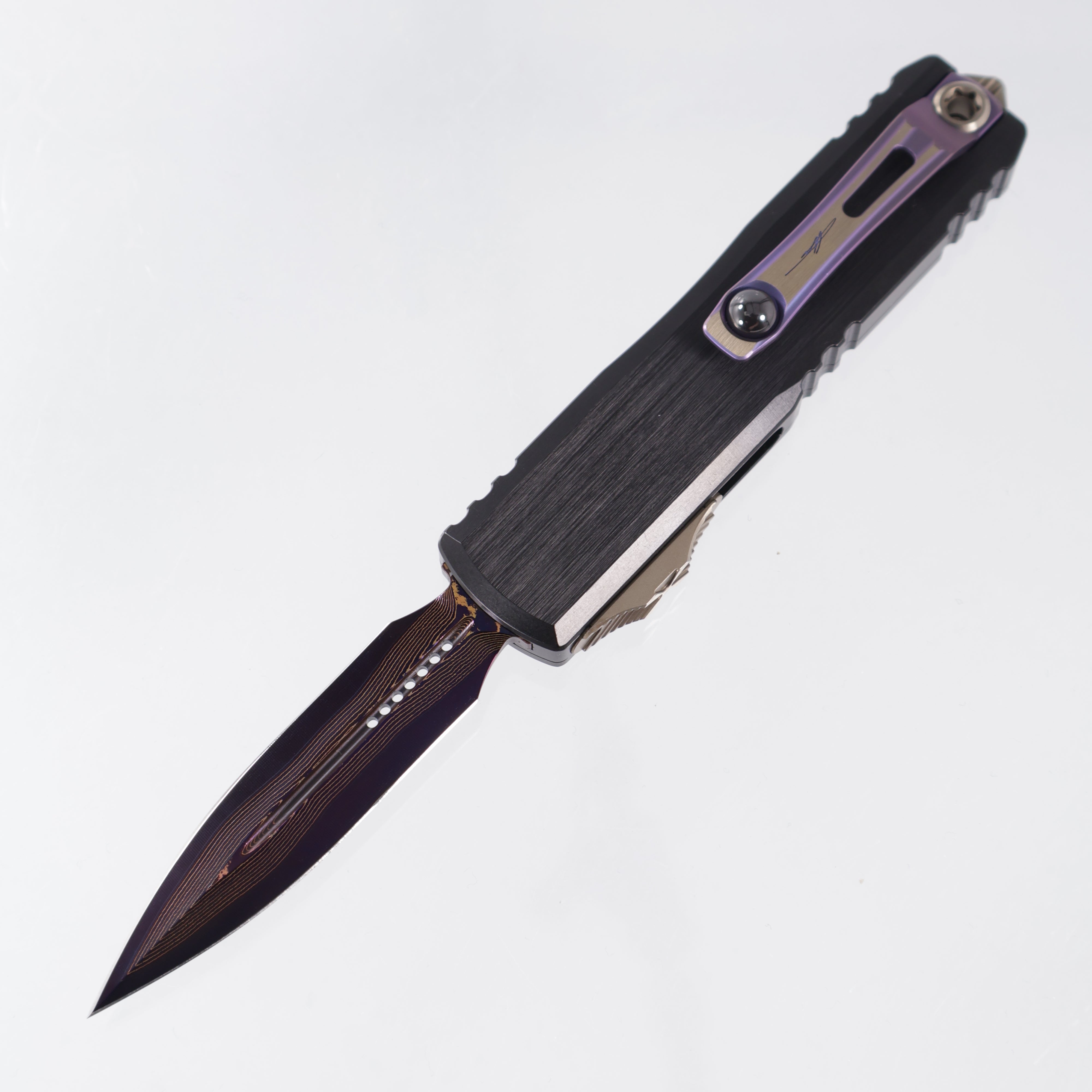 Microtech UTX-85 Gen III Double Edge Marfione Select - Hefted Aluminum Chassis w/ DLC Hardware & Purple Ti Accents - Purple Baker Forge Coppermai Damascus - 1232-16MS3 *PRE-OWNED*