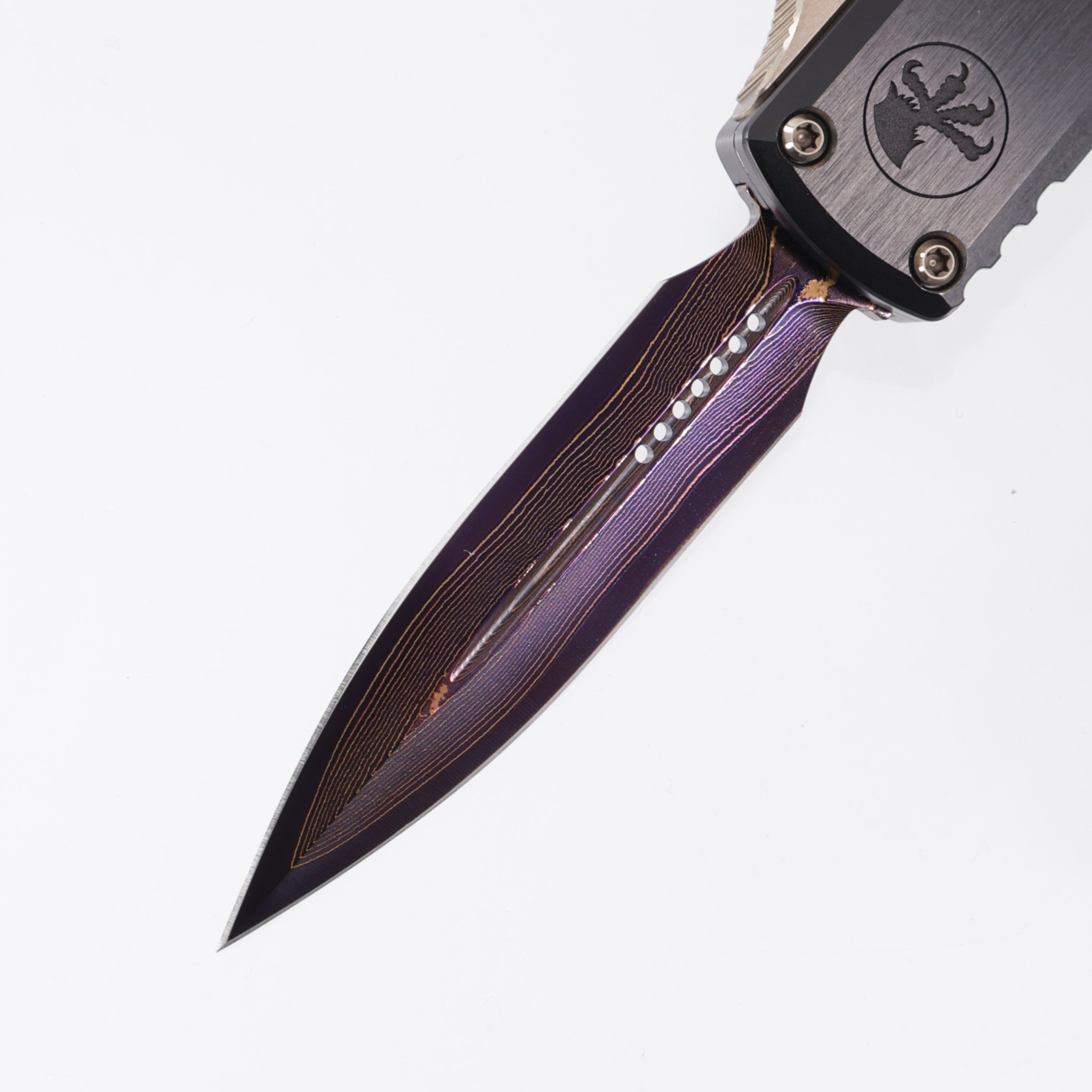 Microtech UTX-85 Gen III Double Edge Marfione Select - Hefted Aluminum Chassis w/ DLC Hardware & Purple Ti Accents - Purple Baker Forge Coppermai Damascus - 1232-16MS3 *PRE-OWNED*