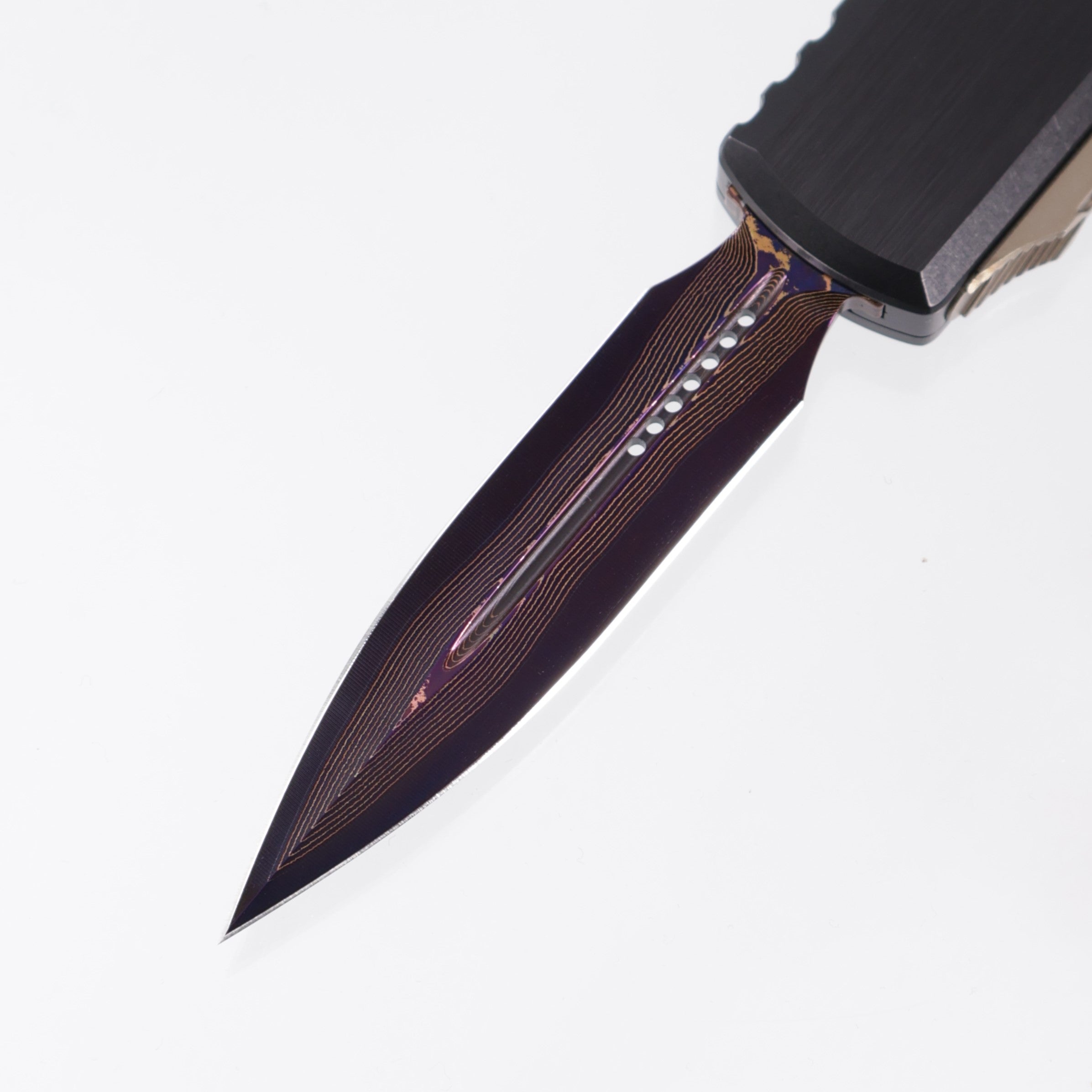 Microtech UTX-85 Gen III Double Edge Marfione Select - Hefted Aluminum Chassis w/ DLC Hardware & Purple Ti Accents - Purple Baker Forge Coppermai Damascus - 1232-16MS3 *PRE-OWNED*