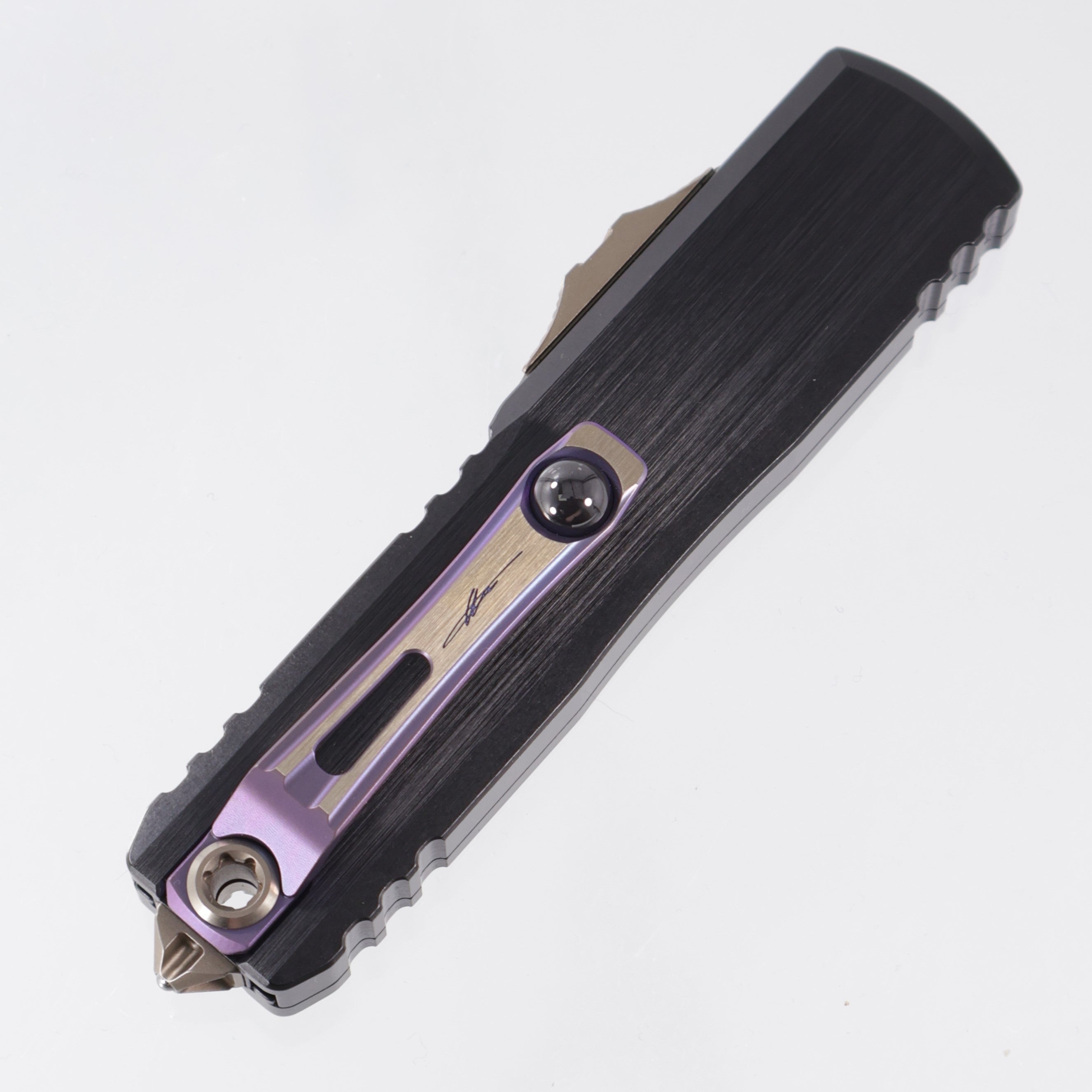 Microtech UTX-85 Gen III Double Edge Marfione Select - Hefted Aluminum Chassis w/ DLC Hardware & Purple Ti Accents - Purple Baker Forge Coppermai Damascus - 1232-16MS3 *PRE-OWNED*