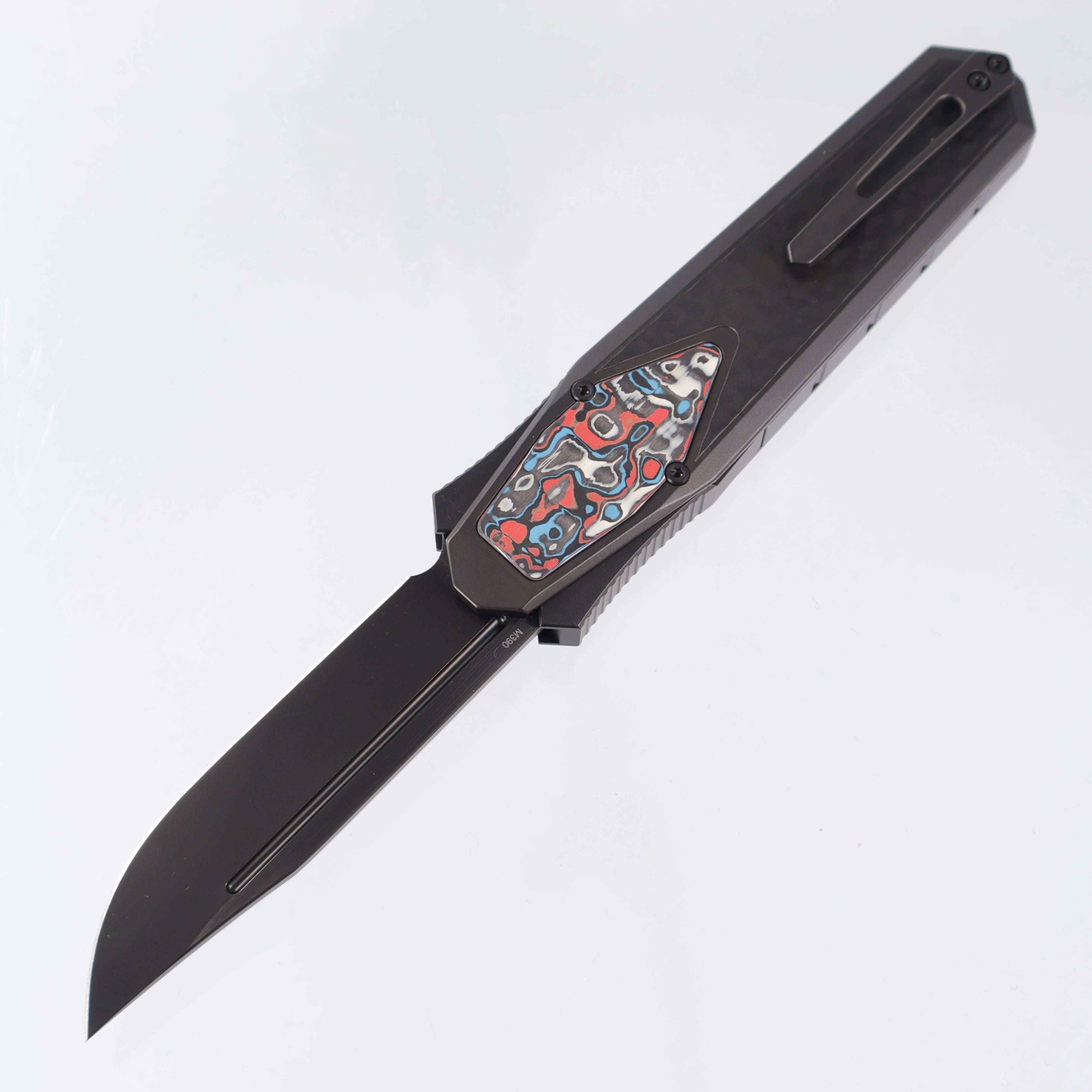 Remette Swordfish Single Edge - DLC Titanium w/ Red, White, & Blue Cloud Carbon Inlays - DLC M390 *PRE-OWNED*