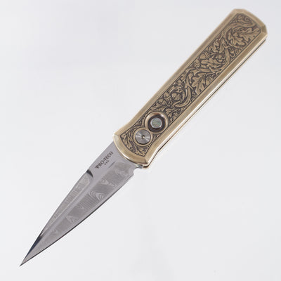 Pro-Tech Godson *Customized By Todd Smith / TS Custom* - Engraved AlBronze Handle w/ Pearl Button - Engraved & Polished 154CM