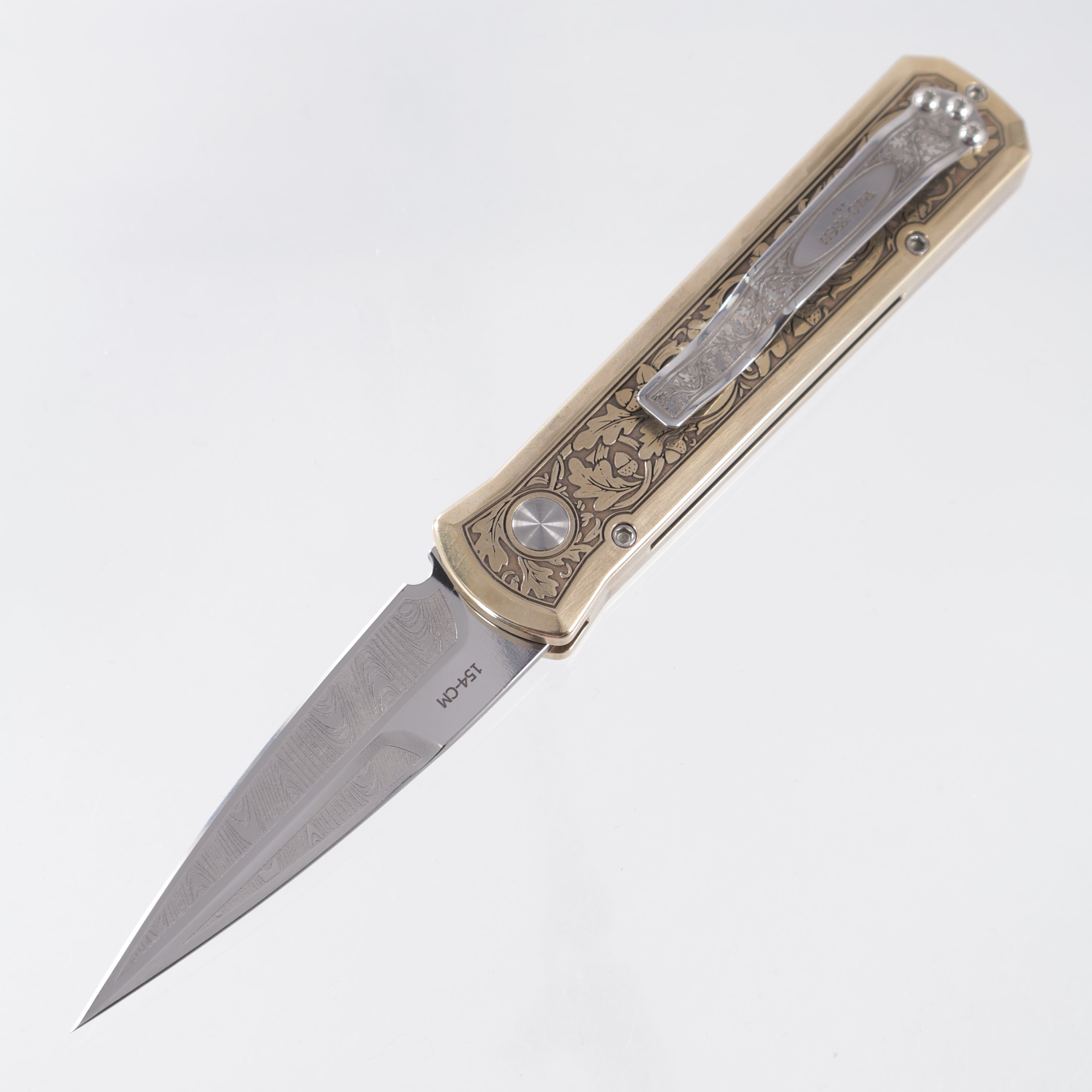 Pro-Tech Godson *Customized By Todd Smith / TS Custom* - Engraved AlBronze Handle w/ Pearl Button - Engraved & Polished 154CM