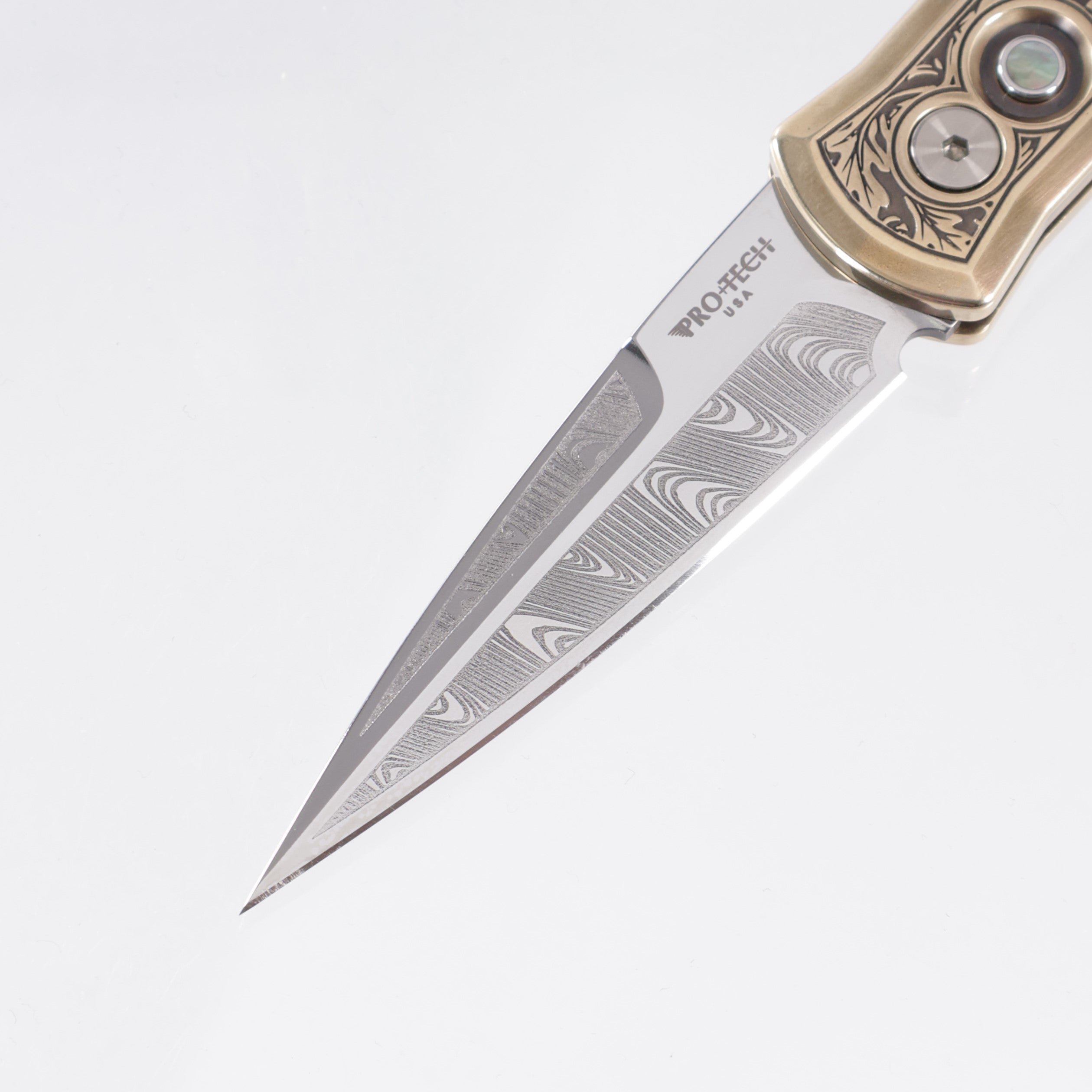 Pro-Tech Godson *Customized By Todd Smith / TS Custom* - Engraved AlBronze Handle w/ Pearl Button - Engraved & Polished 154CM