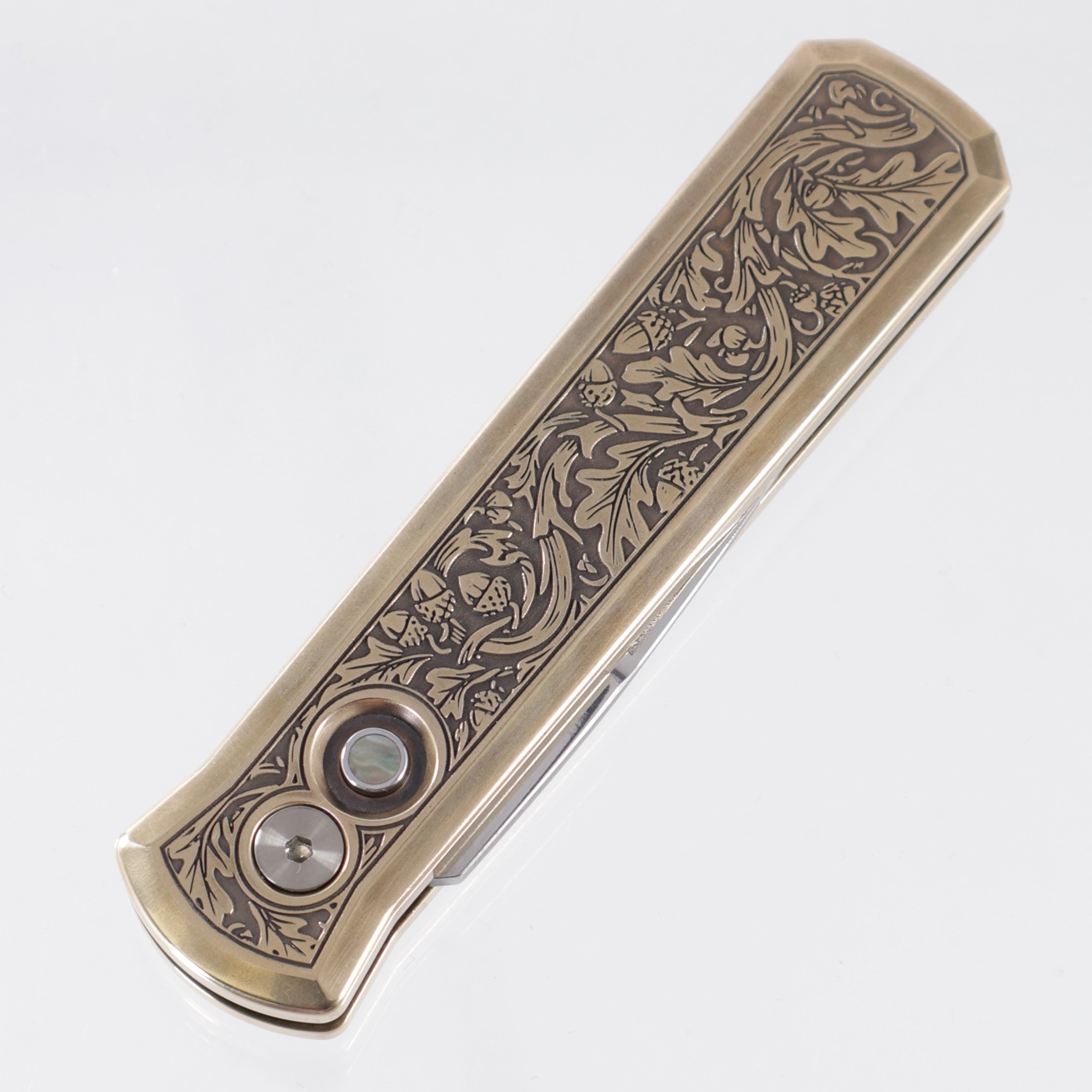 Pro-Tech Godson *Customized By Todd Smith / TS Custom* - Engraved AlBronze Handle w/ Pearl Button - Engraved & Polished 154CM