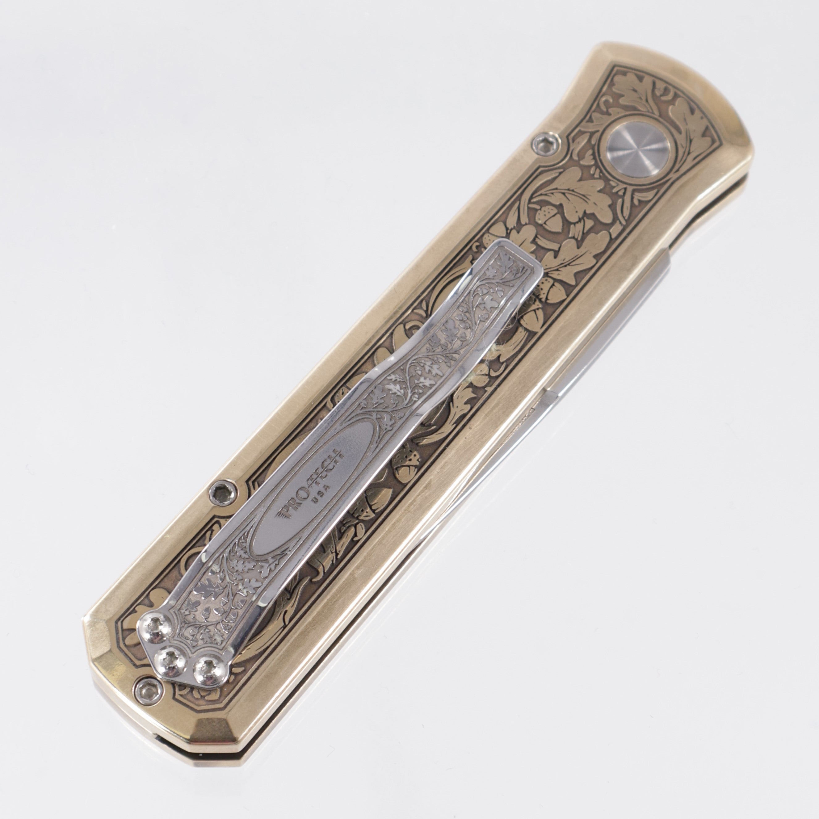 Pro-Tech Godson *Customized By Todd Smith / TS Custom* - Engraved AlBronze Handle w/ Pearl Button - Engraved & Polished 154CM