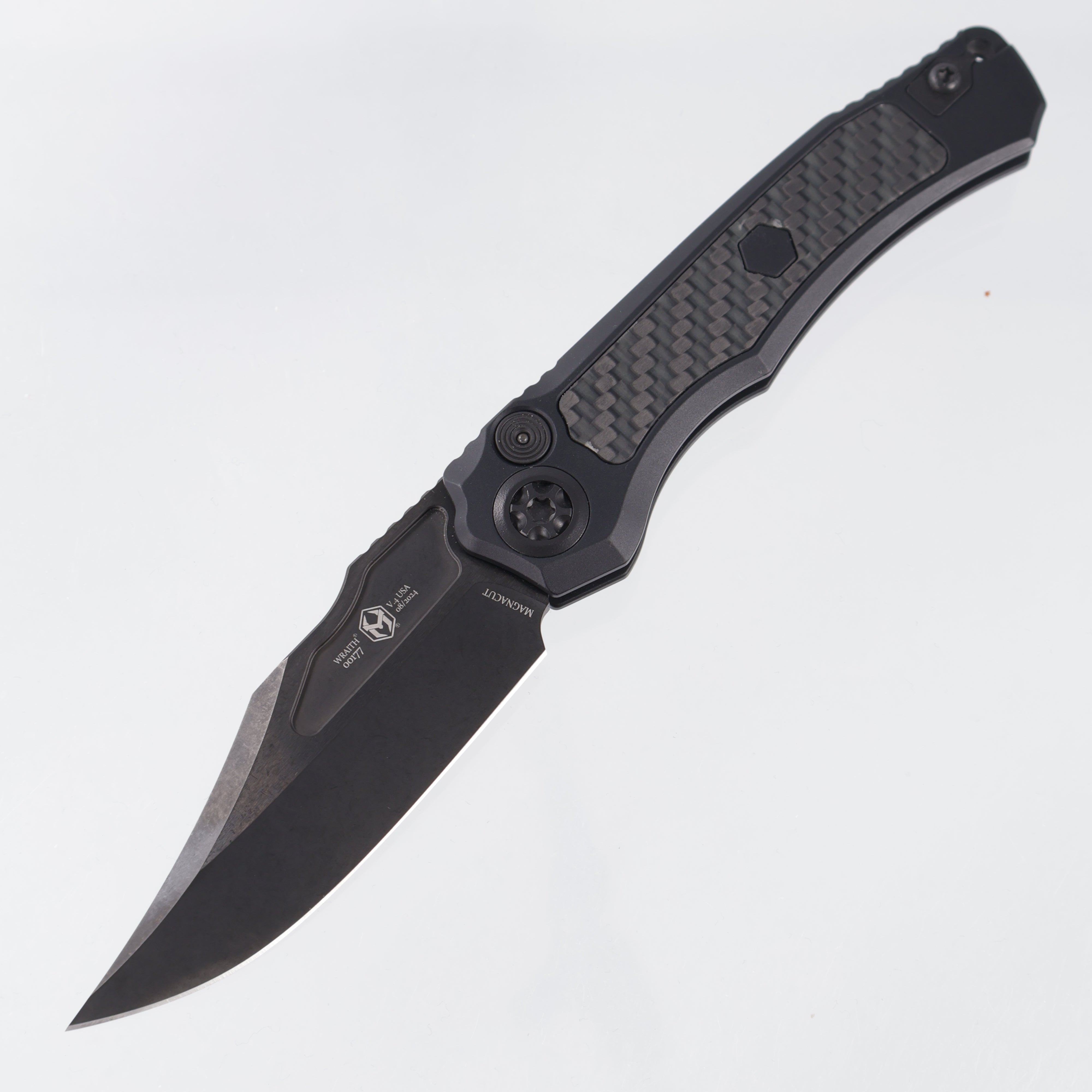Heretic Wraith V4 Auto Bowie - Black Aluminum w/ Glow Carbon Fiber Inlays - DLC Magnacut - H002-6A-GLO/CF *PRE-OWNED*